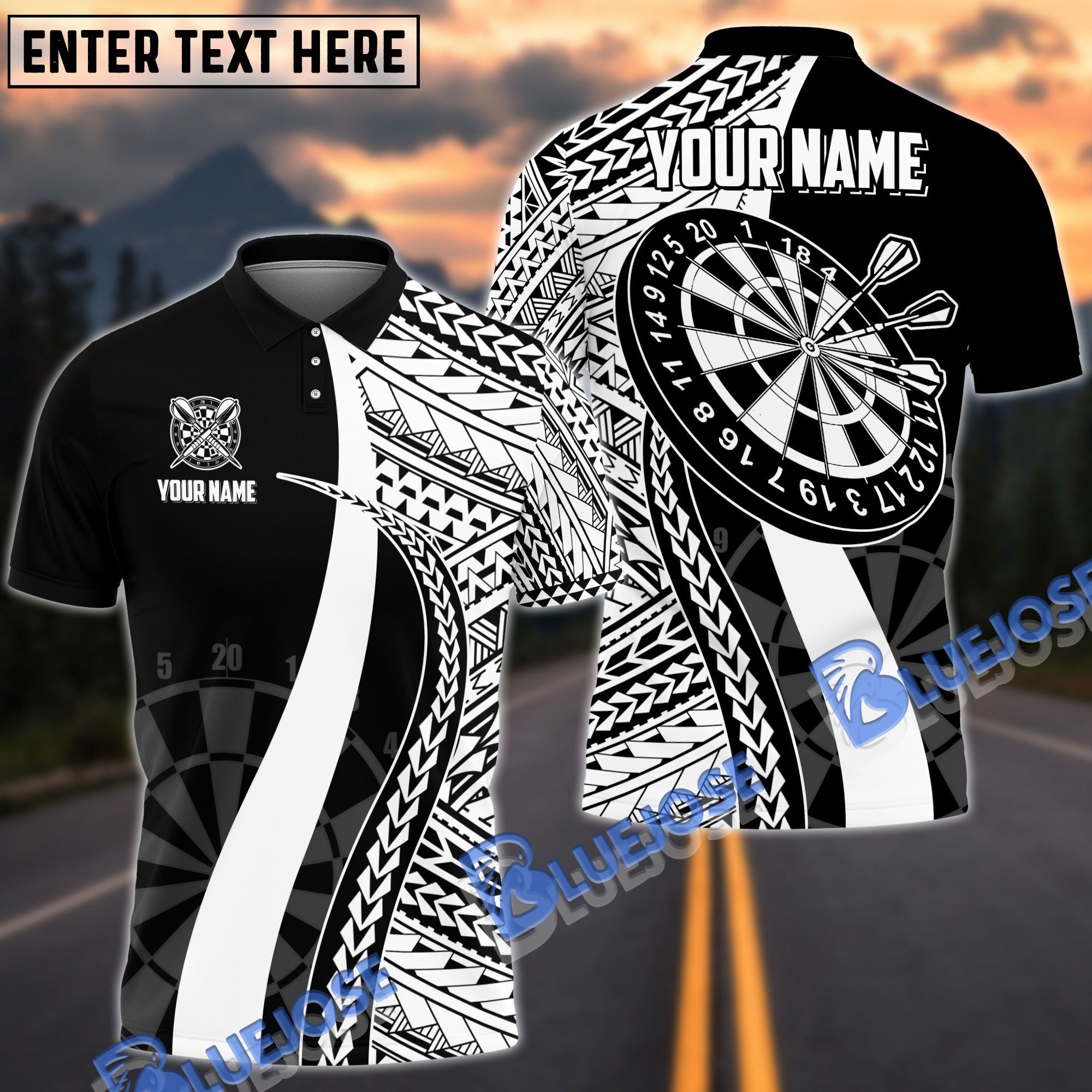 BlueJose Darts Tribal Pattern Personalized Name, Team Name Pocket Shirt (4 Colors)
