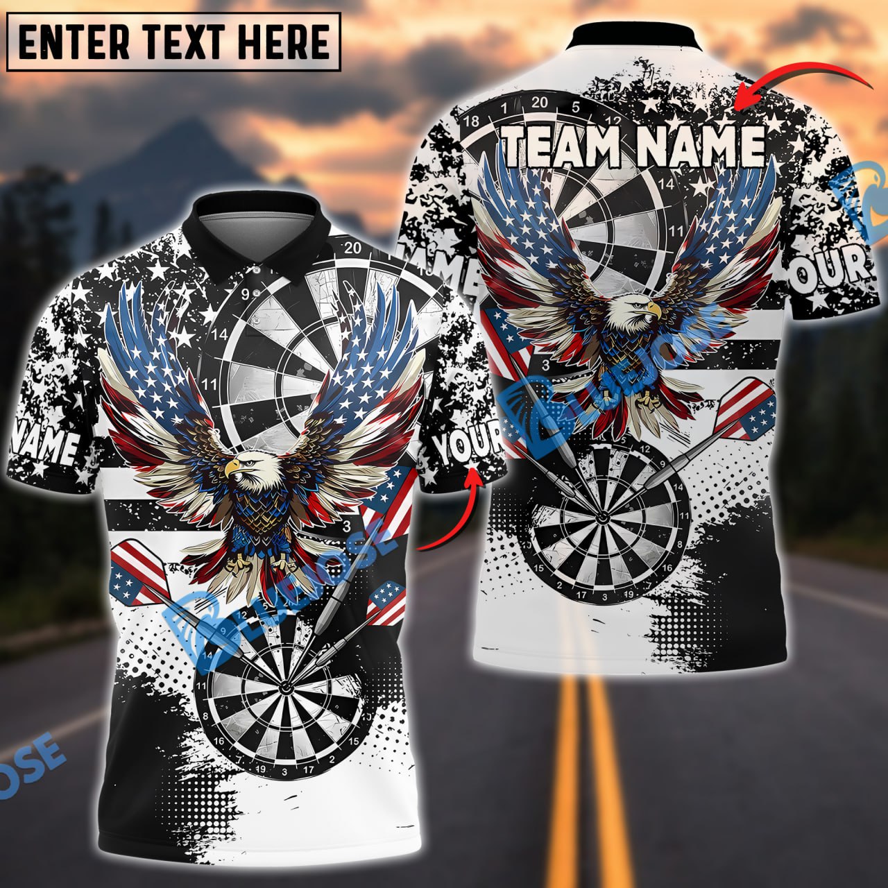 BlueJose Darts Grunge Eagle American Flag Black White Personalized Name, Team Name Shirt