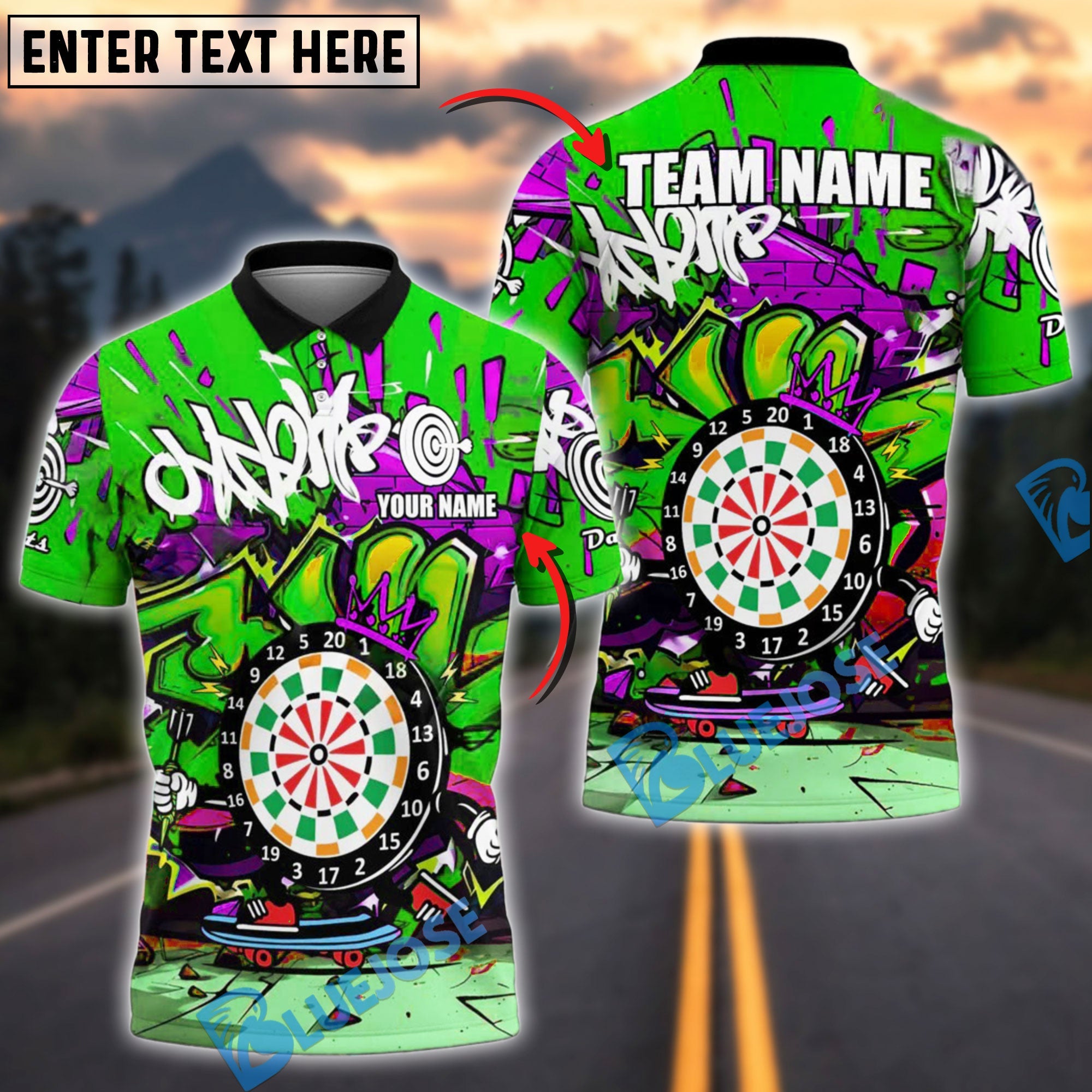 BlueJose Darts Skateboard Graffiti King Style Personalized Name, Team Name Shirt (4 Colors)