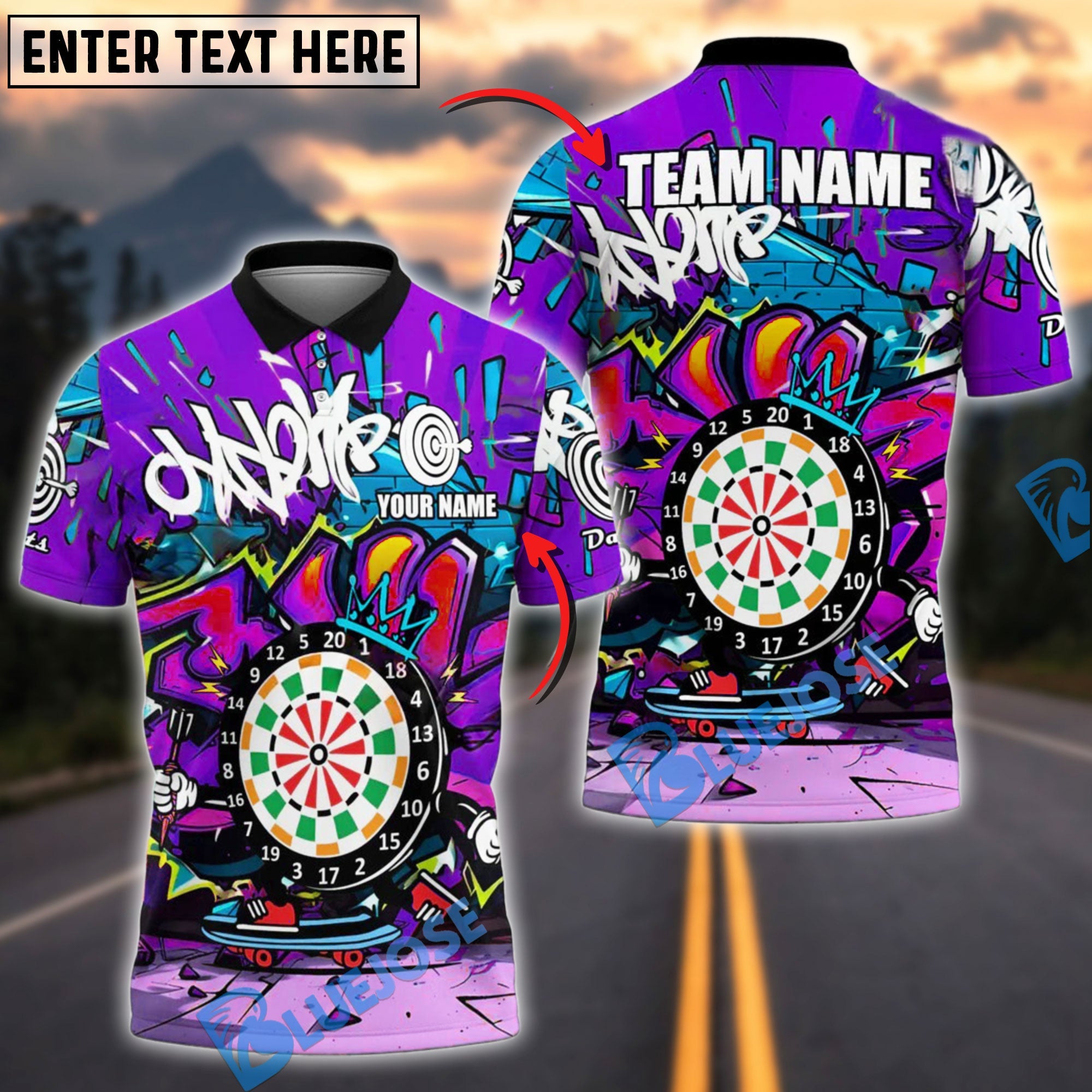 BlueJose Darts Skateboard Graffiti King Style Personalized Name, Team Name Shirt (4 Colors)