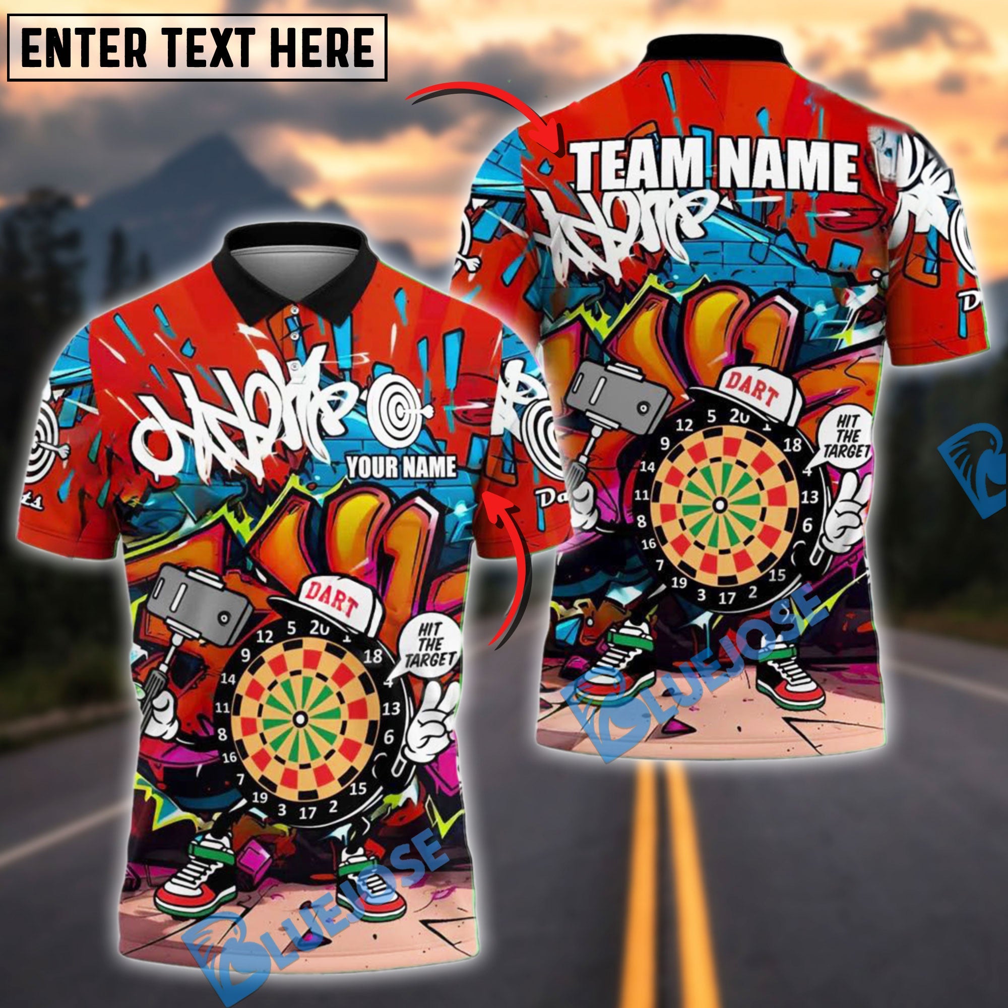 BlueJose Darts Hit the Target Graffiti Style Personalized Name, Team Name Shirt (4 Colors)