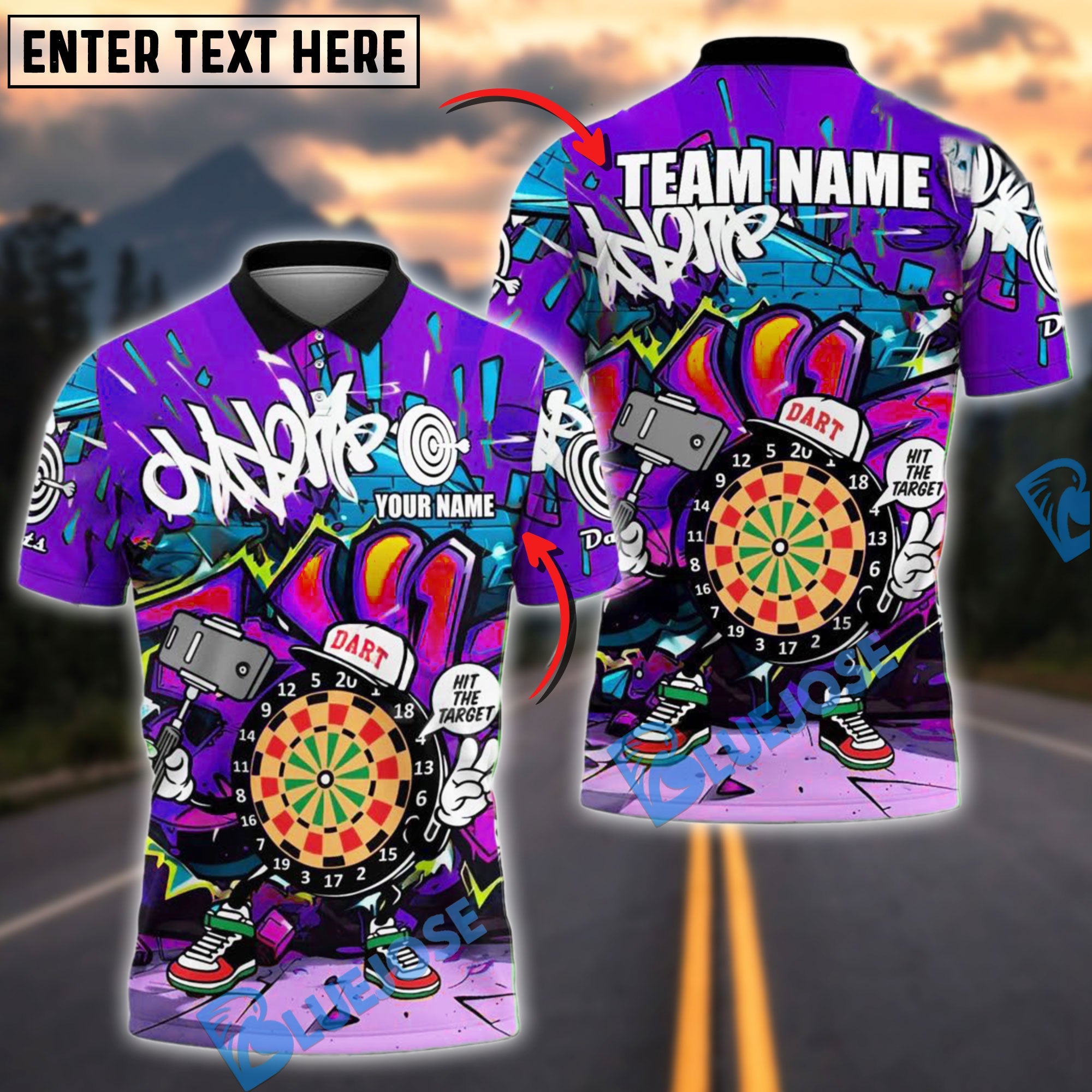 BlueJose Darts Hit the Target Graffiti Style Personalized Name, Team Name Shirt (4 Colors)