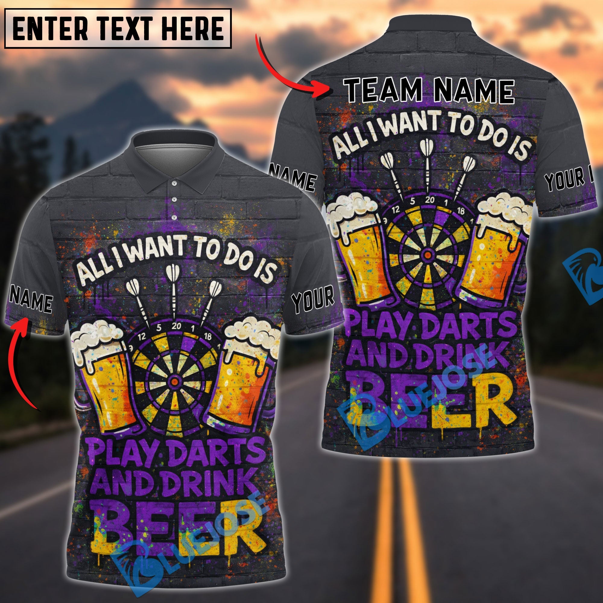 BlueJose All I Want Is Beer & Darts Personalized Name, Team Name Shirt (4 Colors)