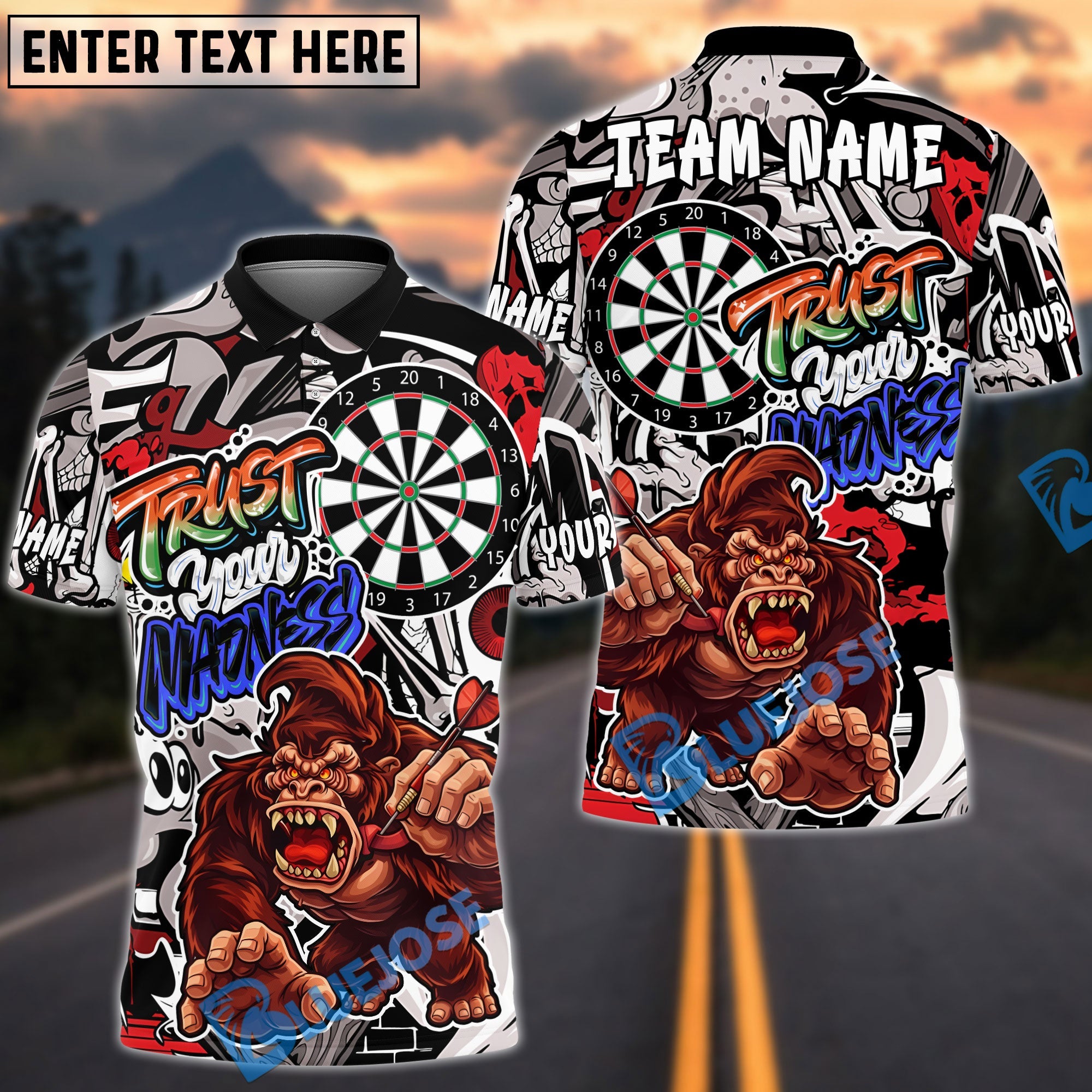 BlueJose Darts Gorilla Power Action Art Trust Your Madness Multicolor Options Personalized Name Shirt (4 Colors)