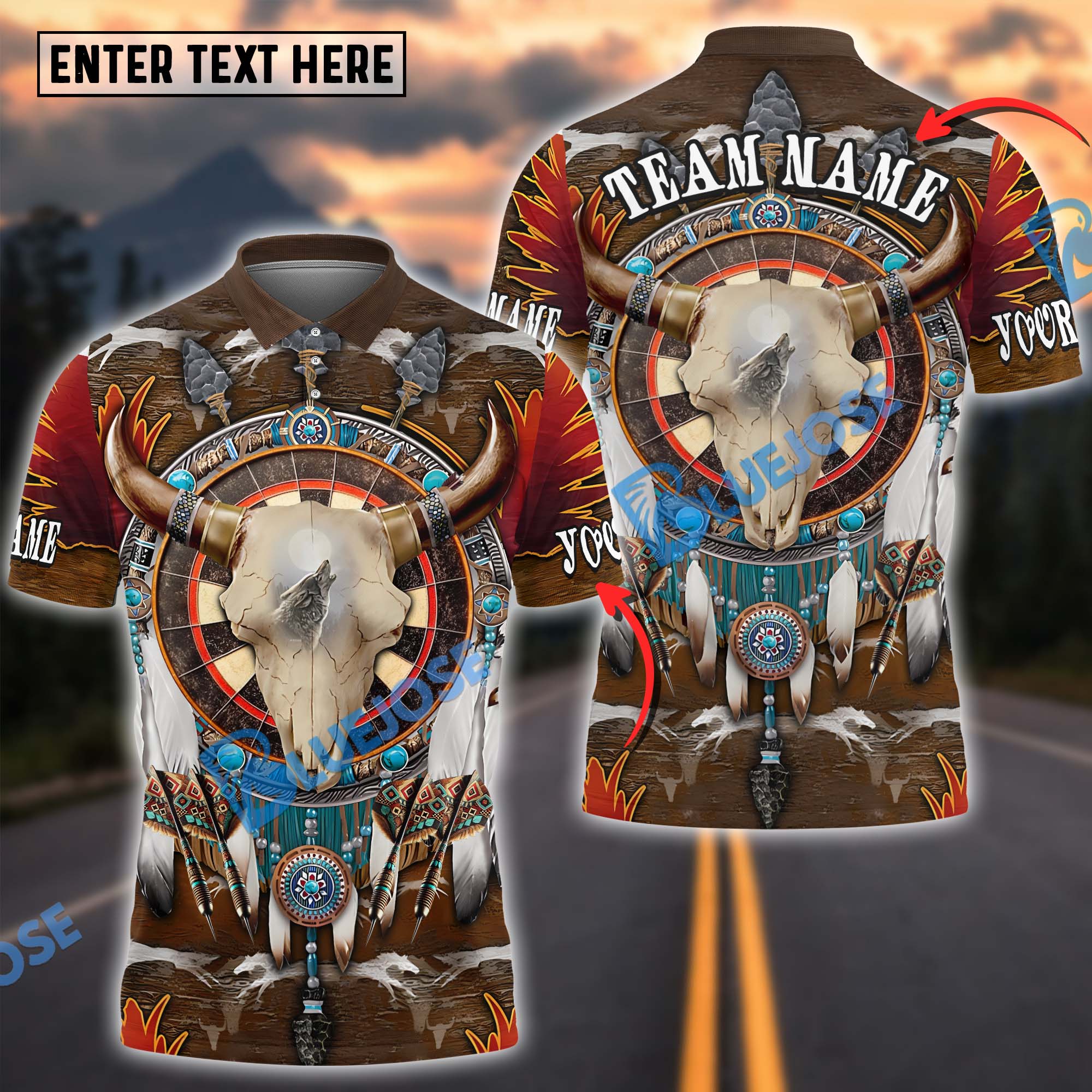 BlueJose Darts Native American Skull Personalized Name, Team Name Shirt