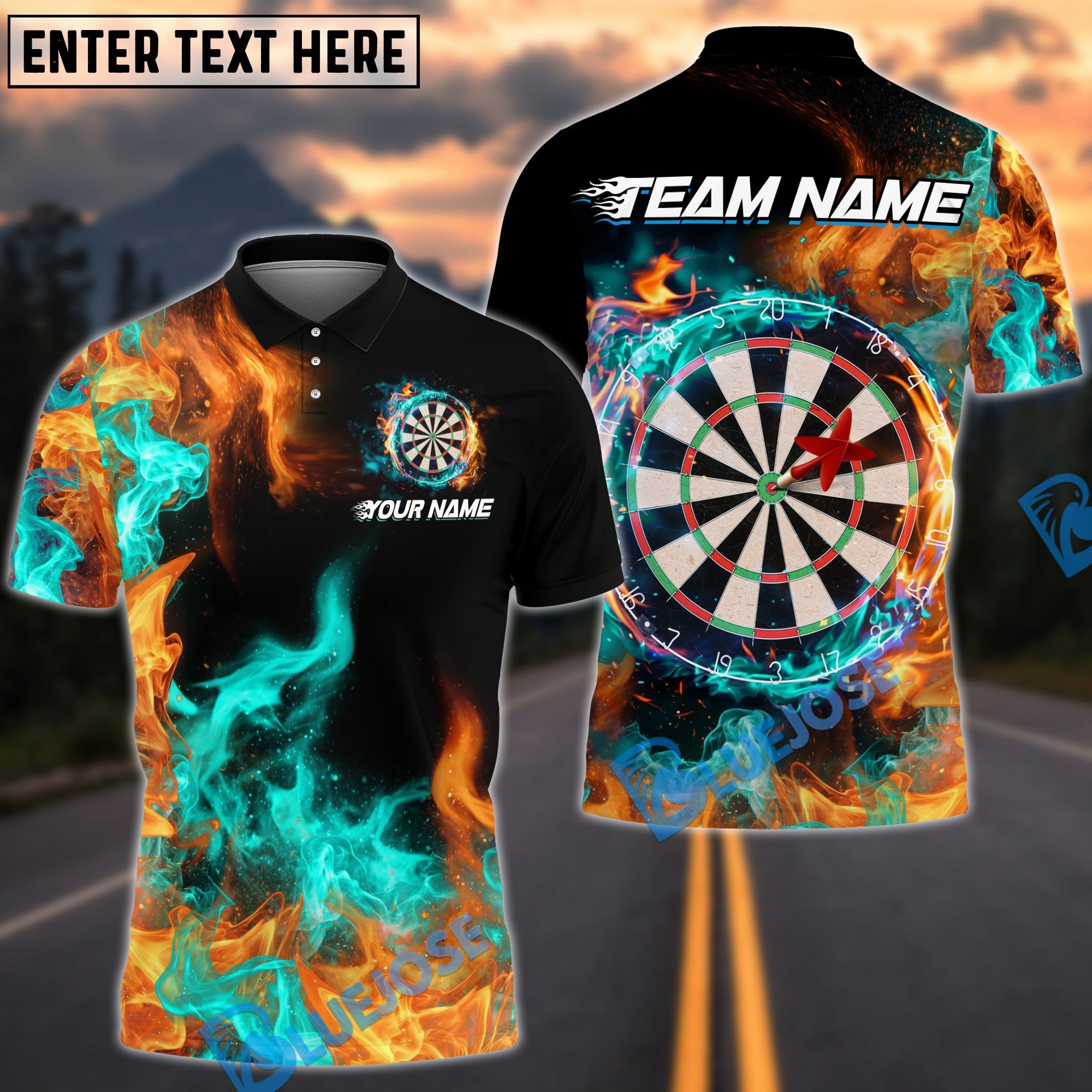 BlueJose Darts Double Fire Personalized Name, Team Name Shirt (4 colors)