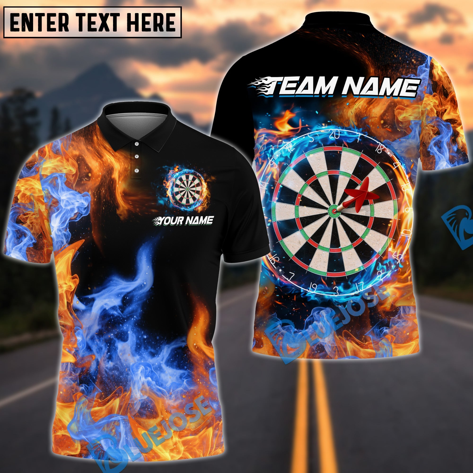 BlueJose Darts Double Fire Personalized Name, Team Name Shirt (4 colors)