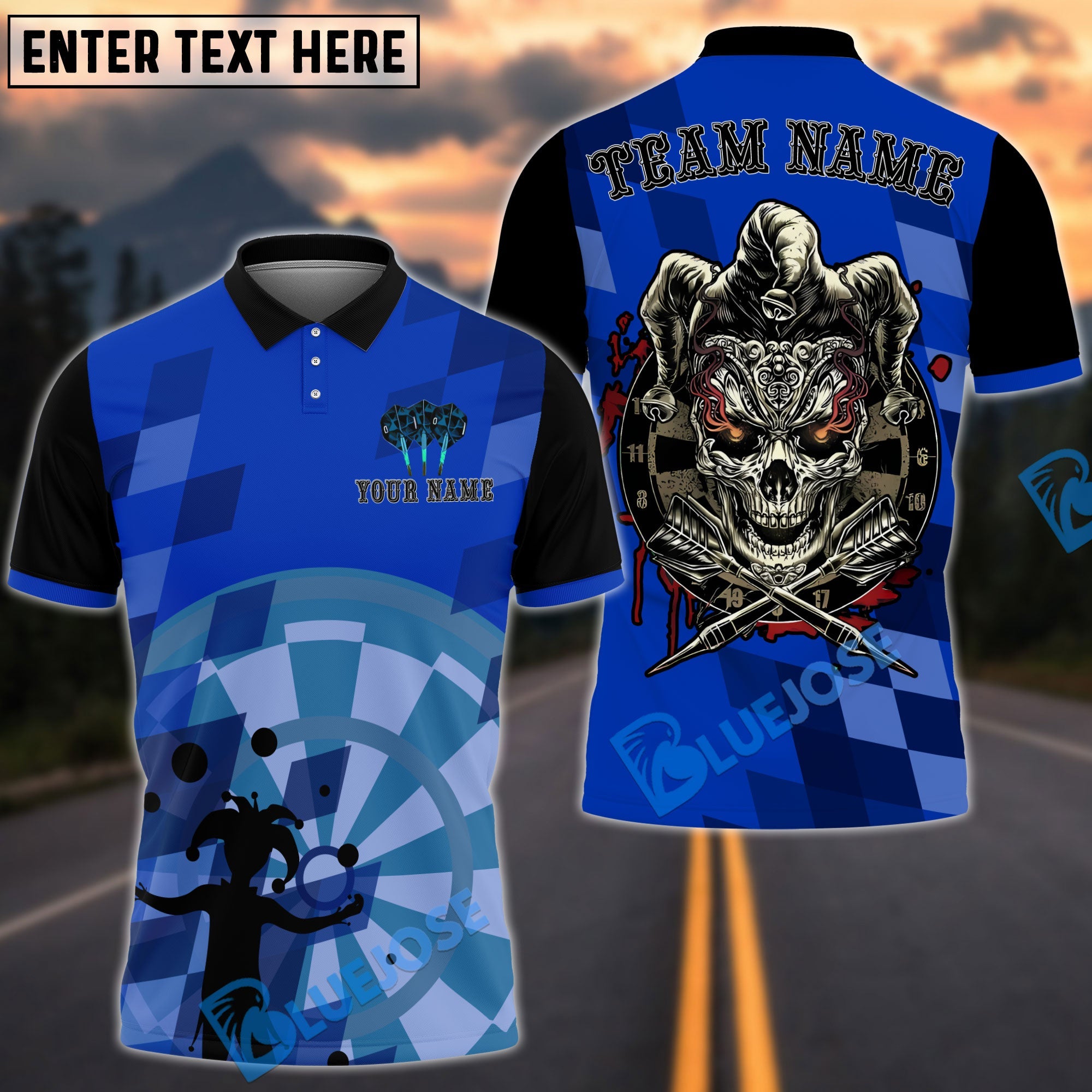 BlueJose Darts Skull Joker Personalized Name, Team Name Shirt (4 Colors)