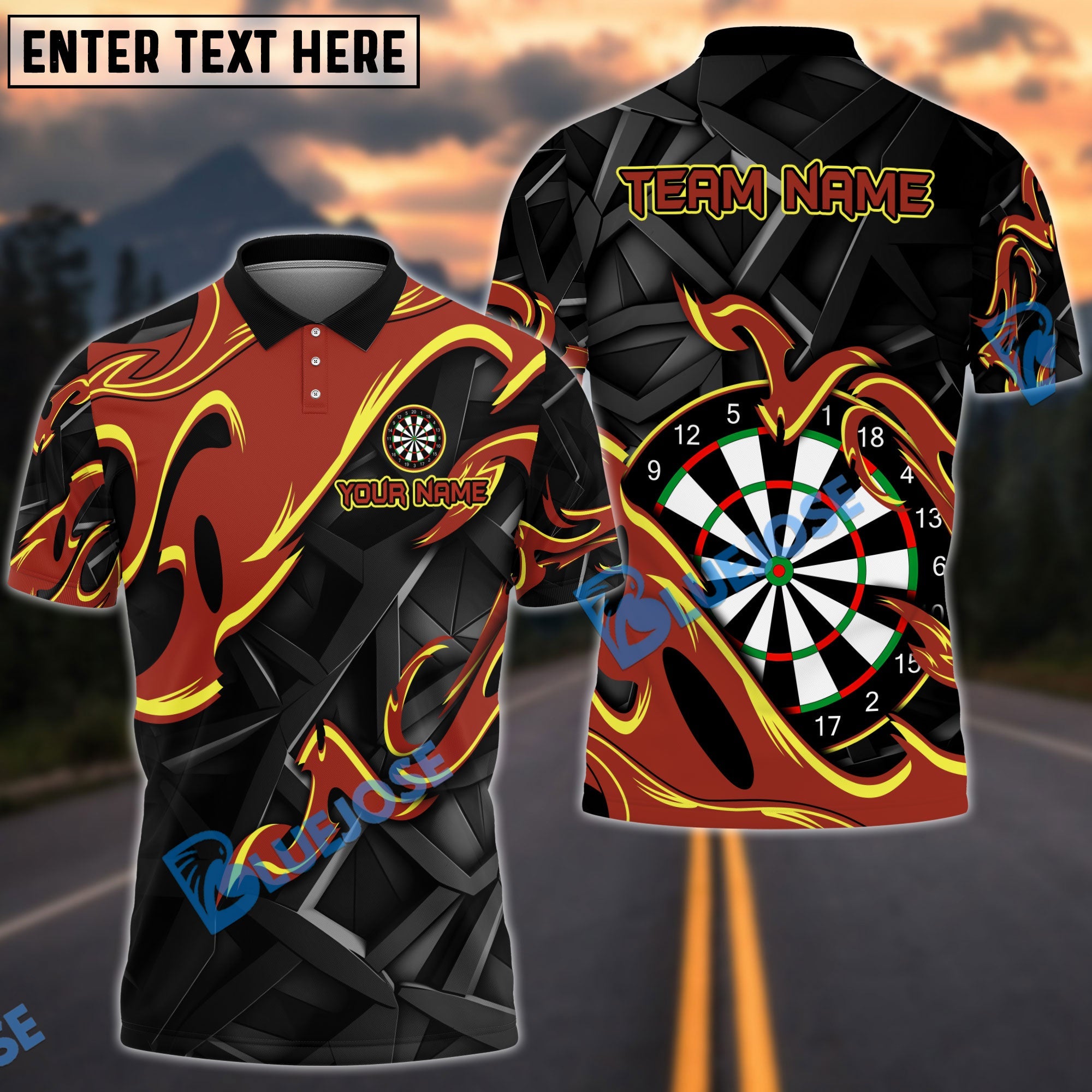 BlueJose Darts Animated Fire Personalized Name, Team Name Shirt (4 Colors)