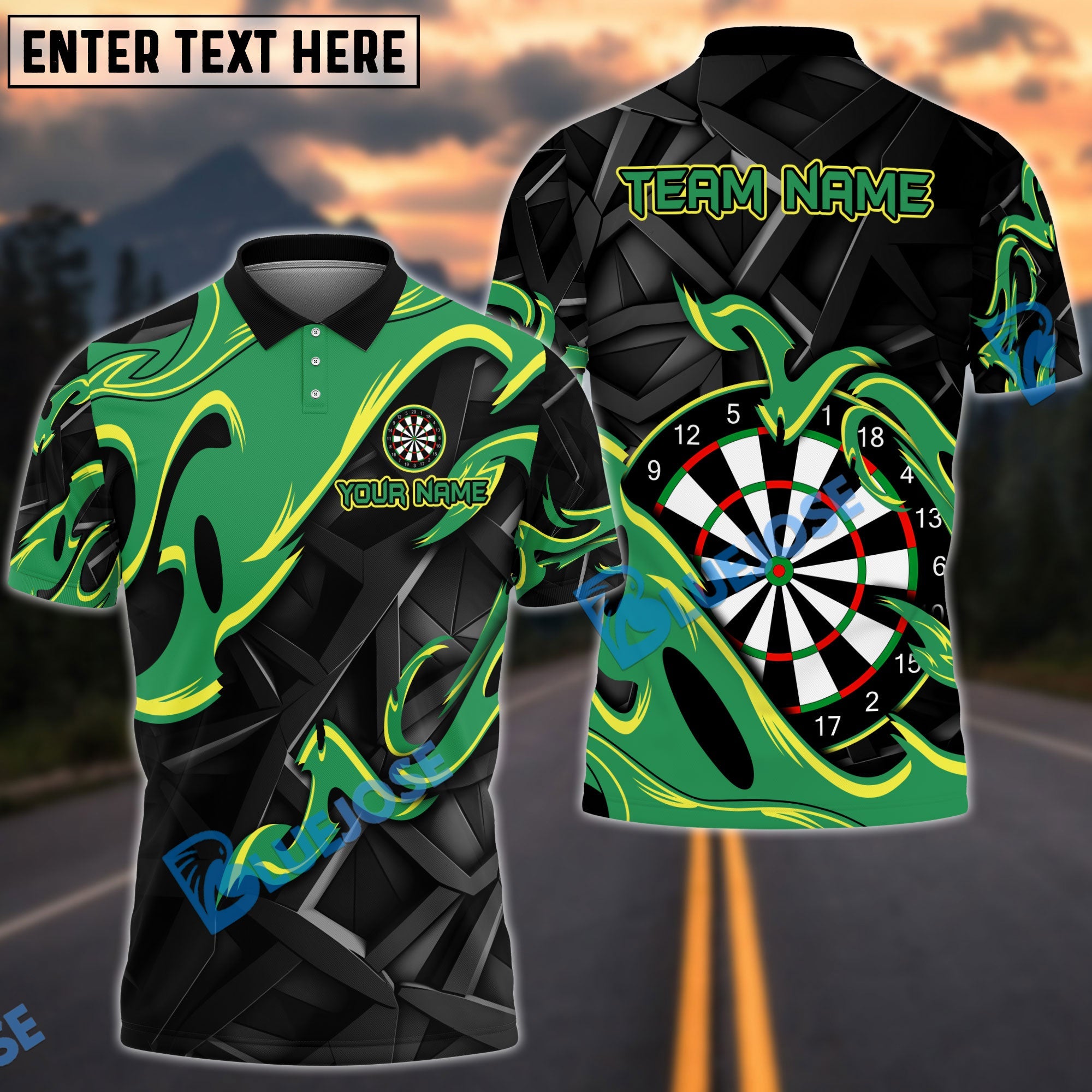 BlueJose Darts Animated Fire Personalized Name, Team Name Shirt (4 Colors)