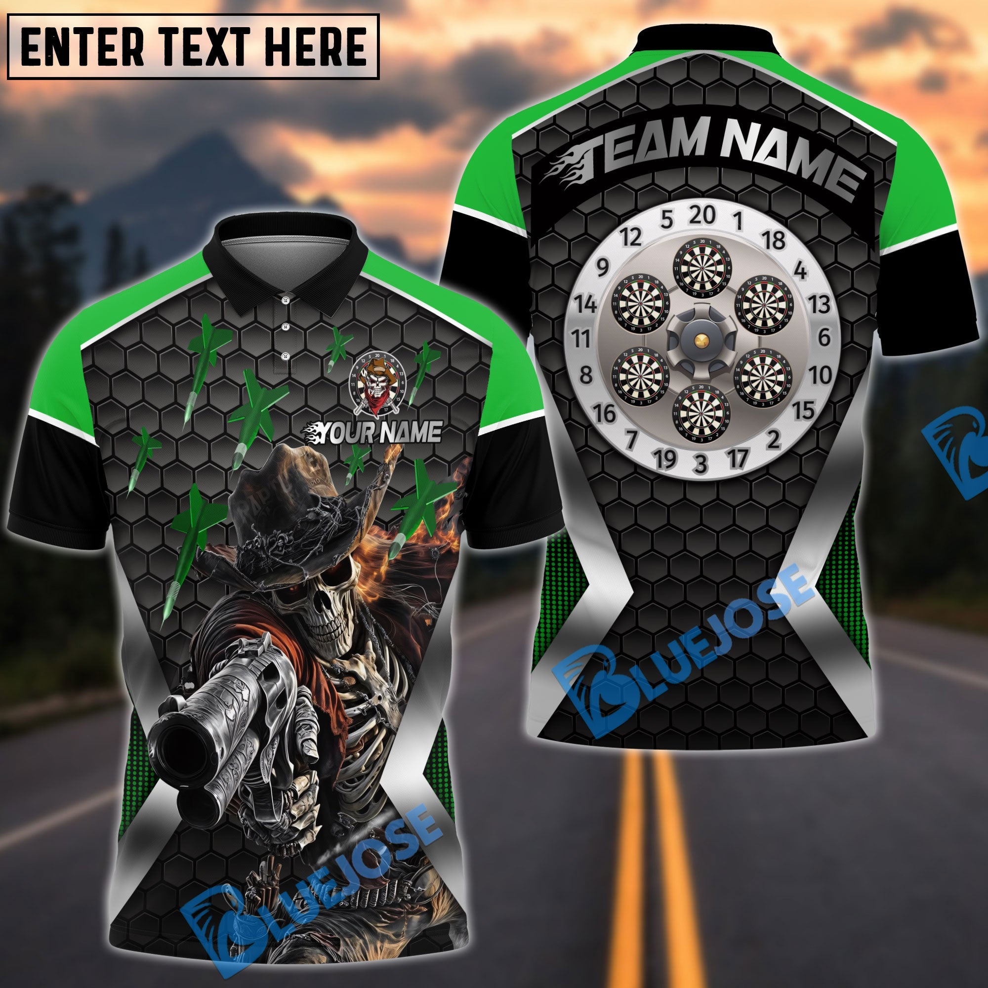 BlueJose Darts Skull Cowboy Personalized Name, Team Name Shirt (4 Colors)