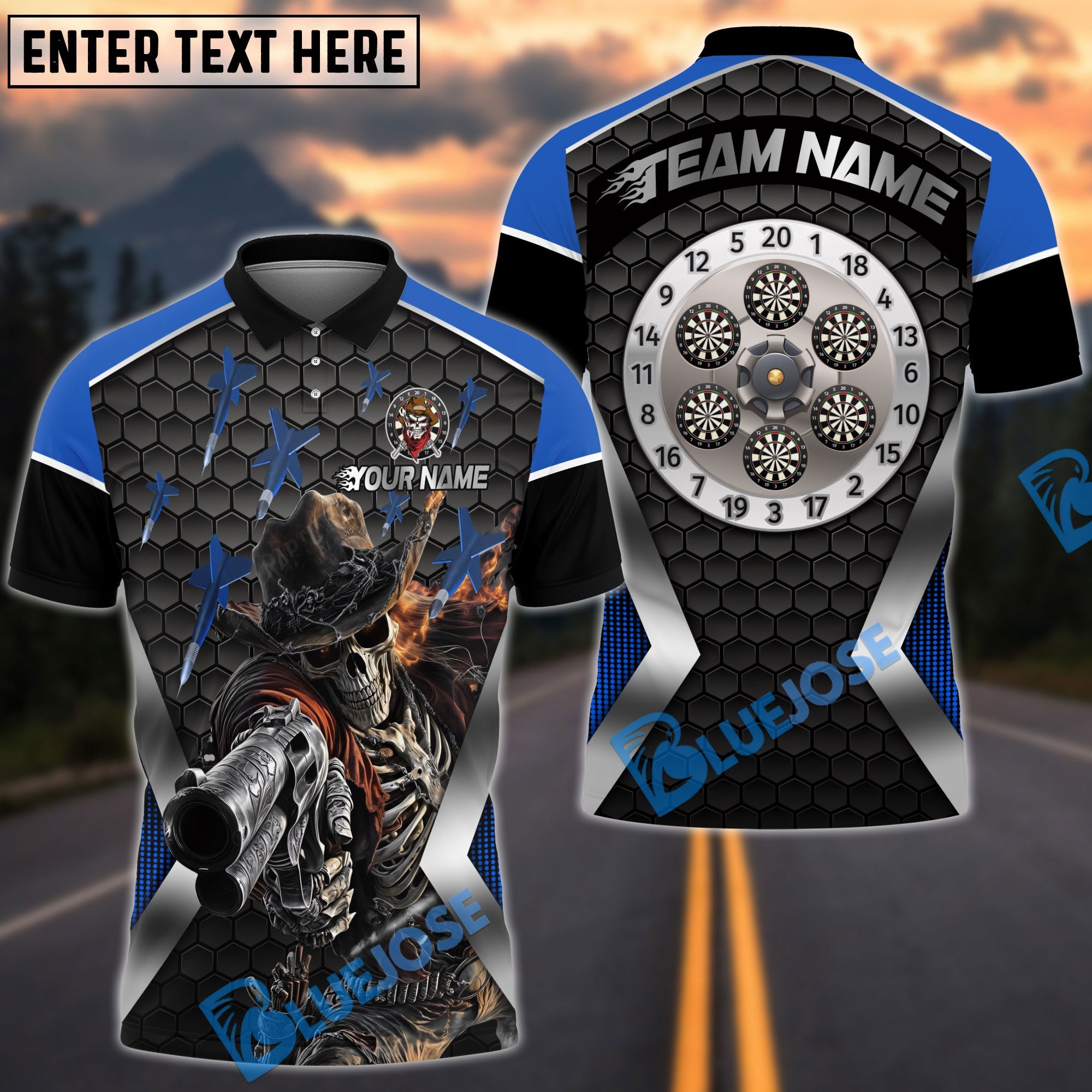 BlueJose Darts Skull Cowboy Personalized Name, Team Name Shirt (4 Colors)