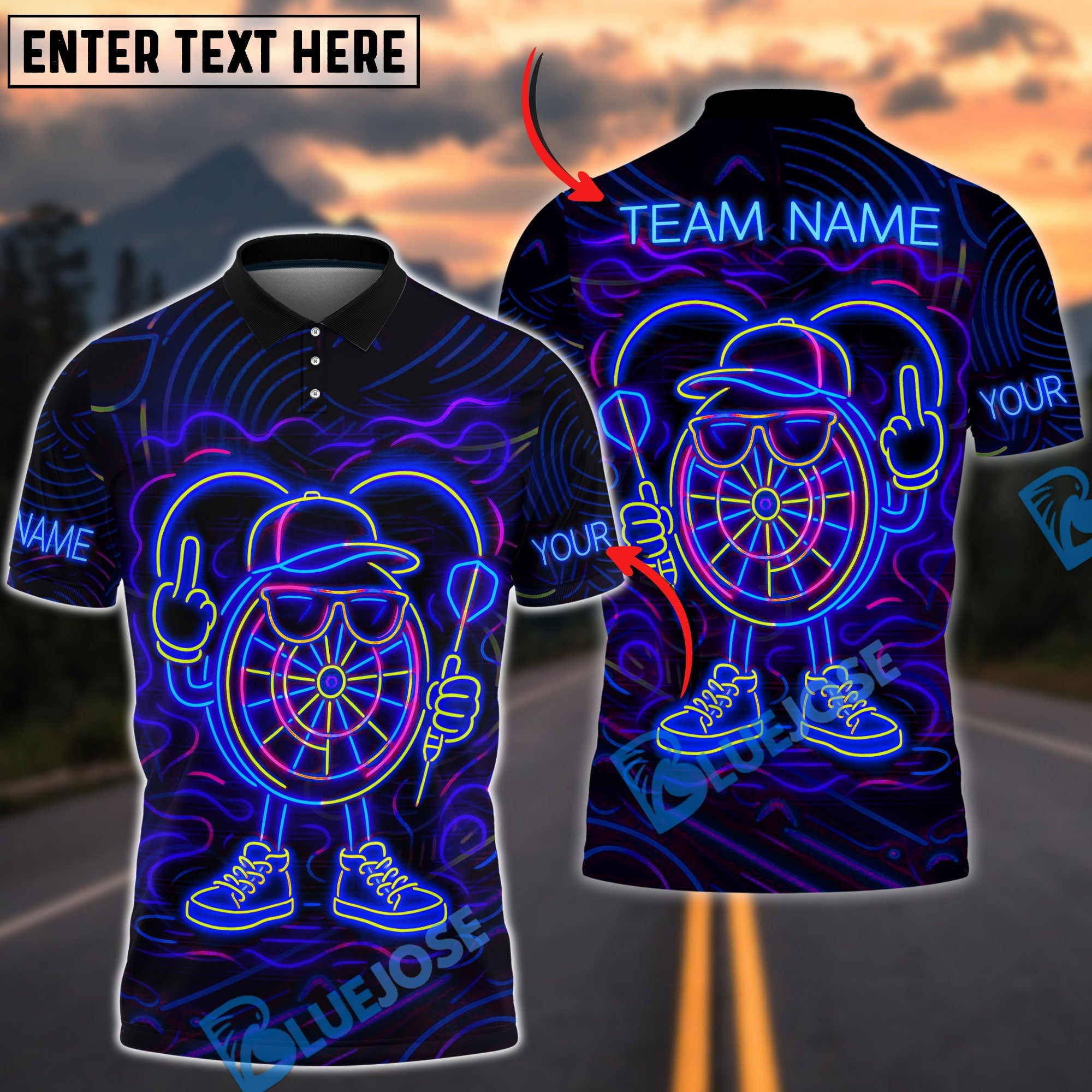 BlueJose Darts Neon Dartboard Champion Personalized Name, Team Name Shirt (4 Colors)