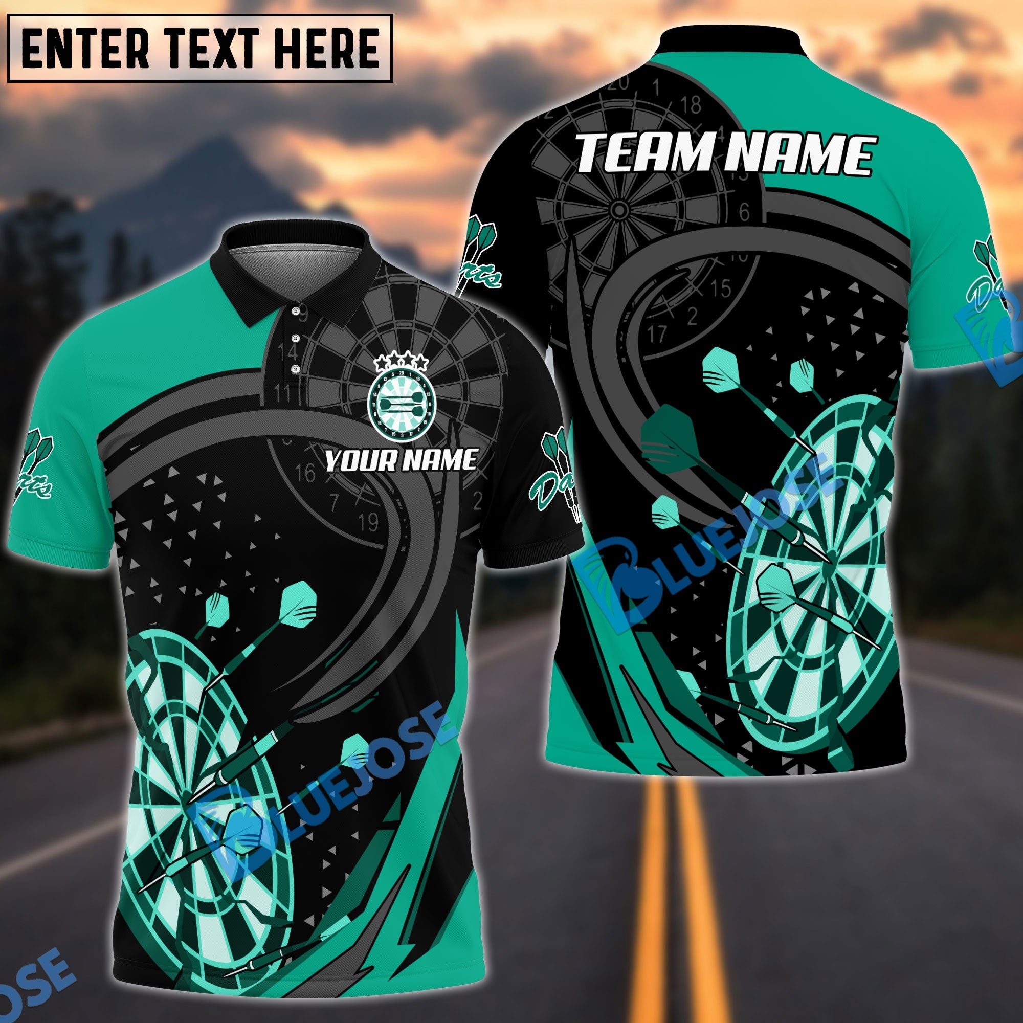 BlueJose Darts Curved Dot Pattern Personalized Name, Team Name Shirt (4 Colors)