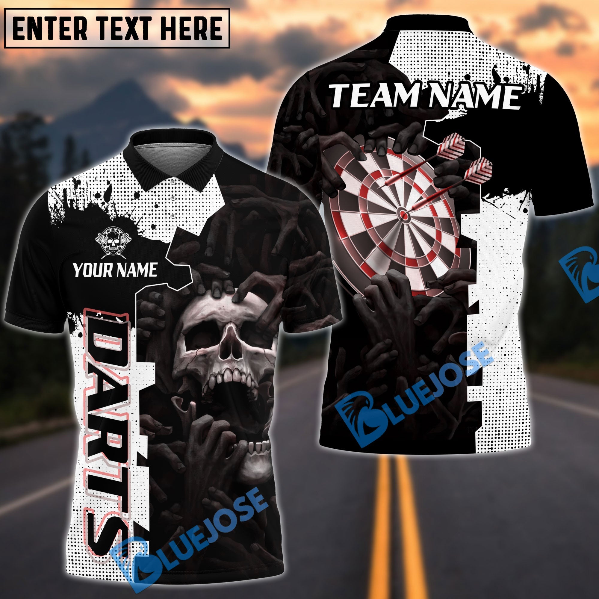 BlueJose Darts Hands On Skull Personalized Name, Team Name Shirt (4 Colors)