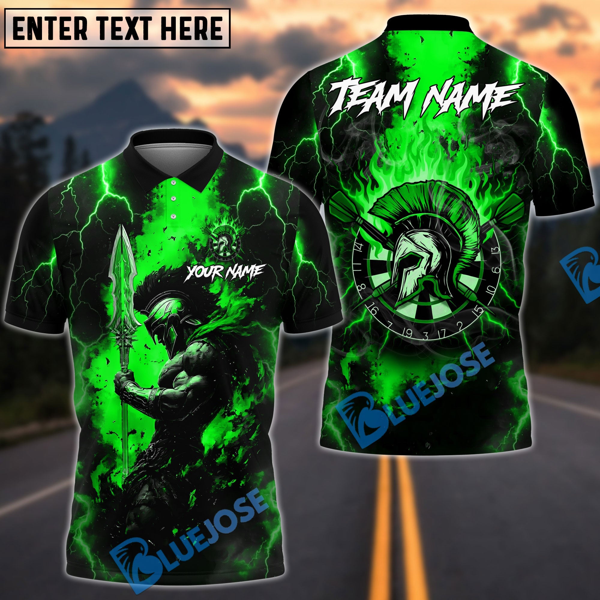 BlueJose Darts Spartan Lightning Flame Personalized Name, Team Name Shirt (4 Colors)