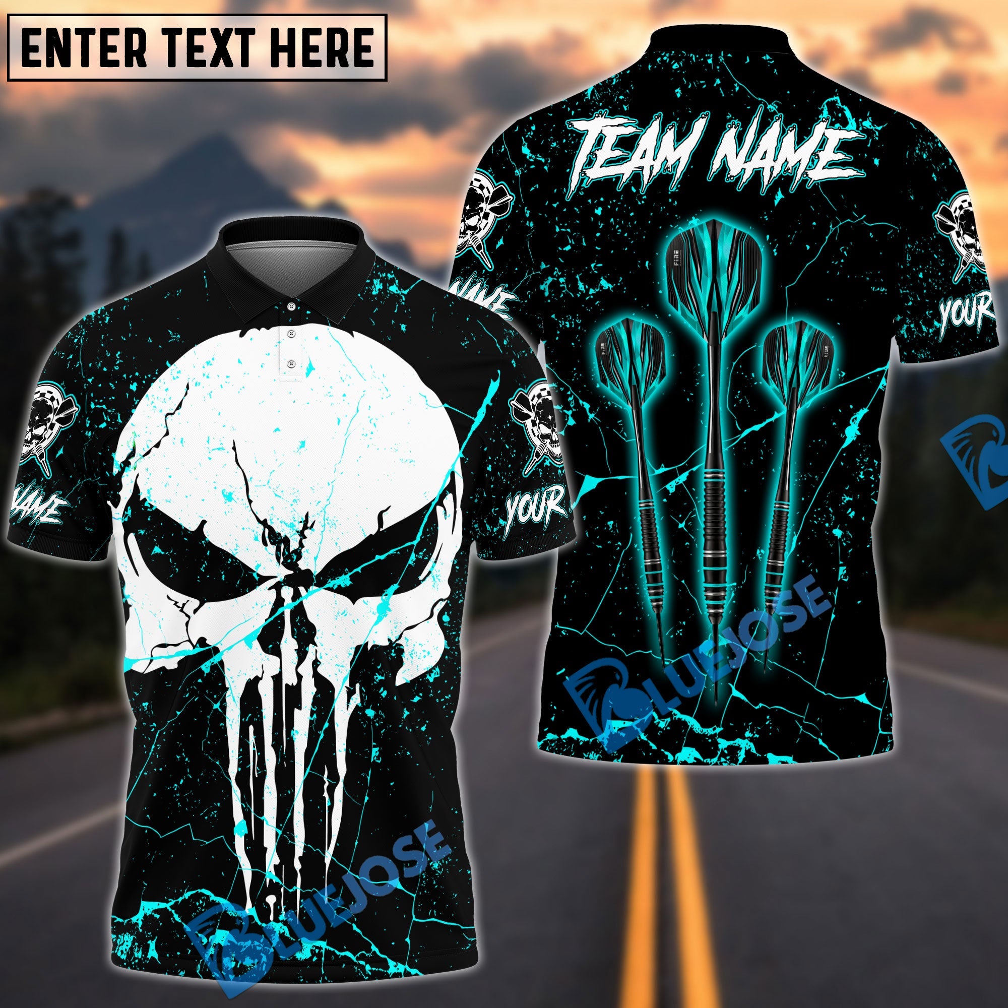 BlueJose Darts Triple Arrow Punisher Skull Personalized Name, Team Name Shirt (4 Colors)