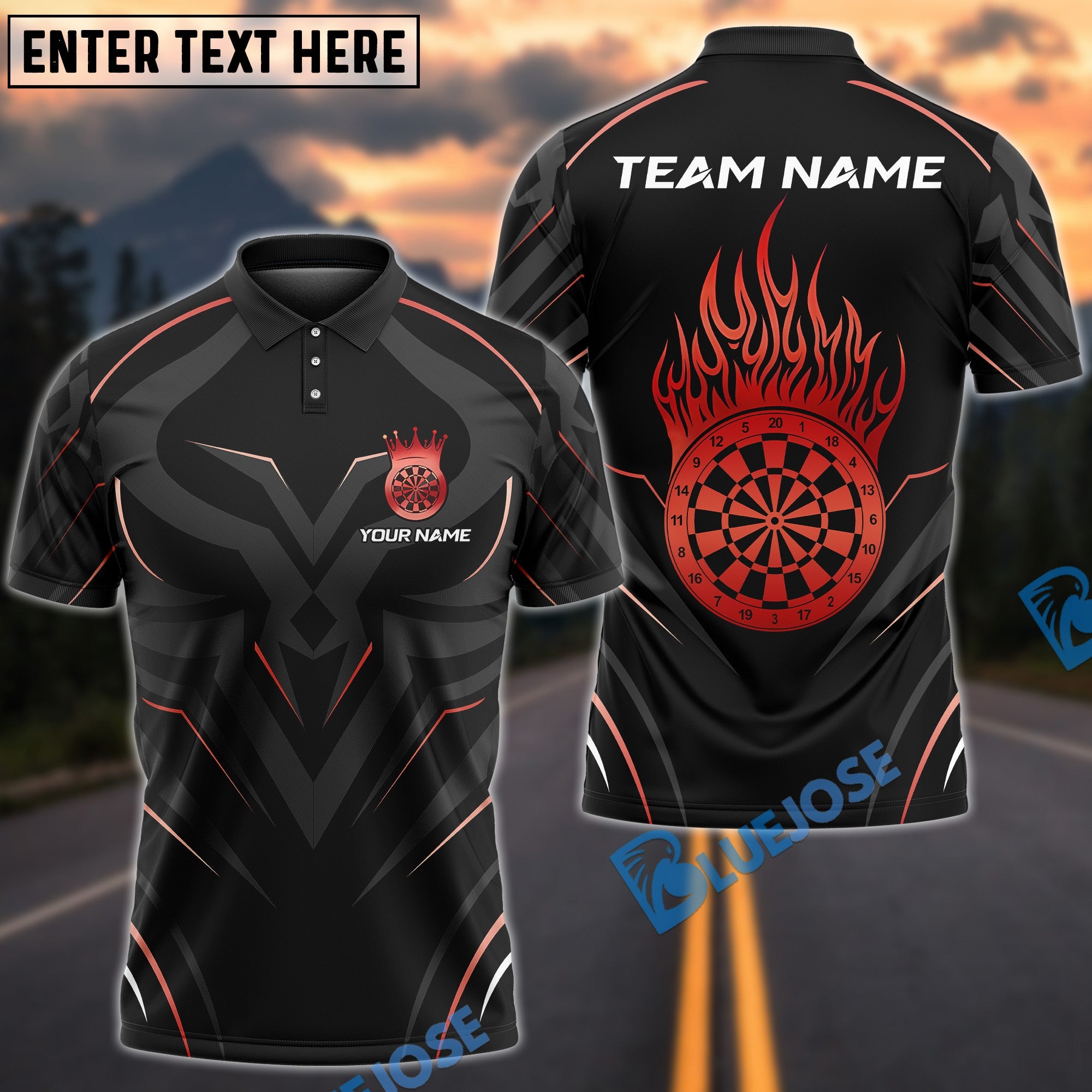 BlueJose Darts Flaming Target Crown Pattern Customized Name, Team Name 3D Shirt (4 Colors)