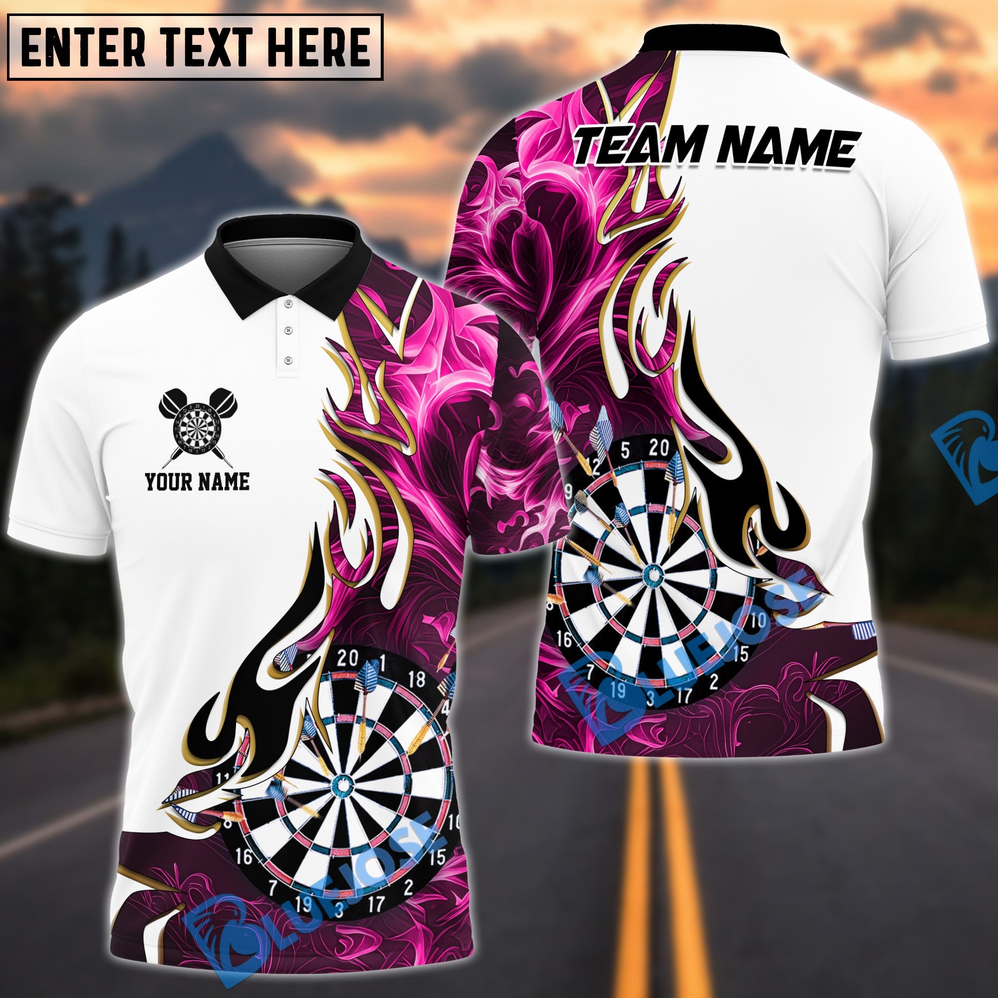 BlueJose Darts Golden Line Flame Dartboard Art Design Personalized Name, Team Name Shirt (6 Colors)