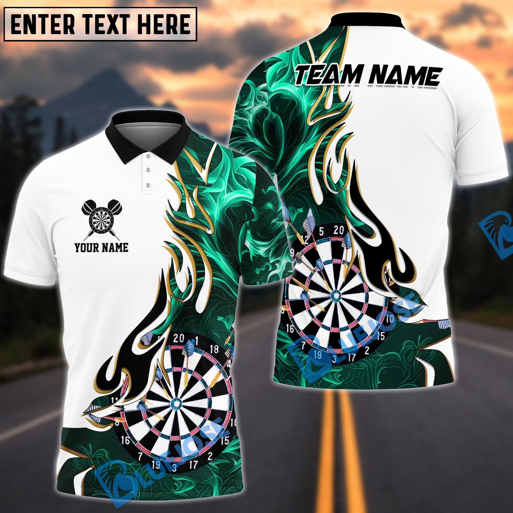 BlueJose Darts Golden Line Flame Dartboard Art Design Personalized Name, Team Name Shirt (6 Colors)