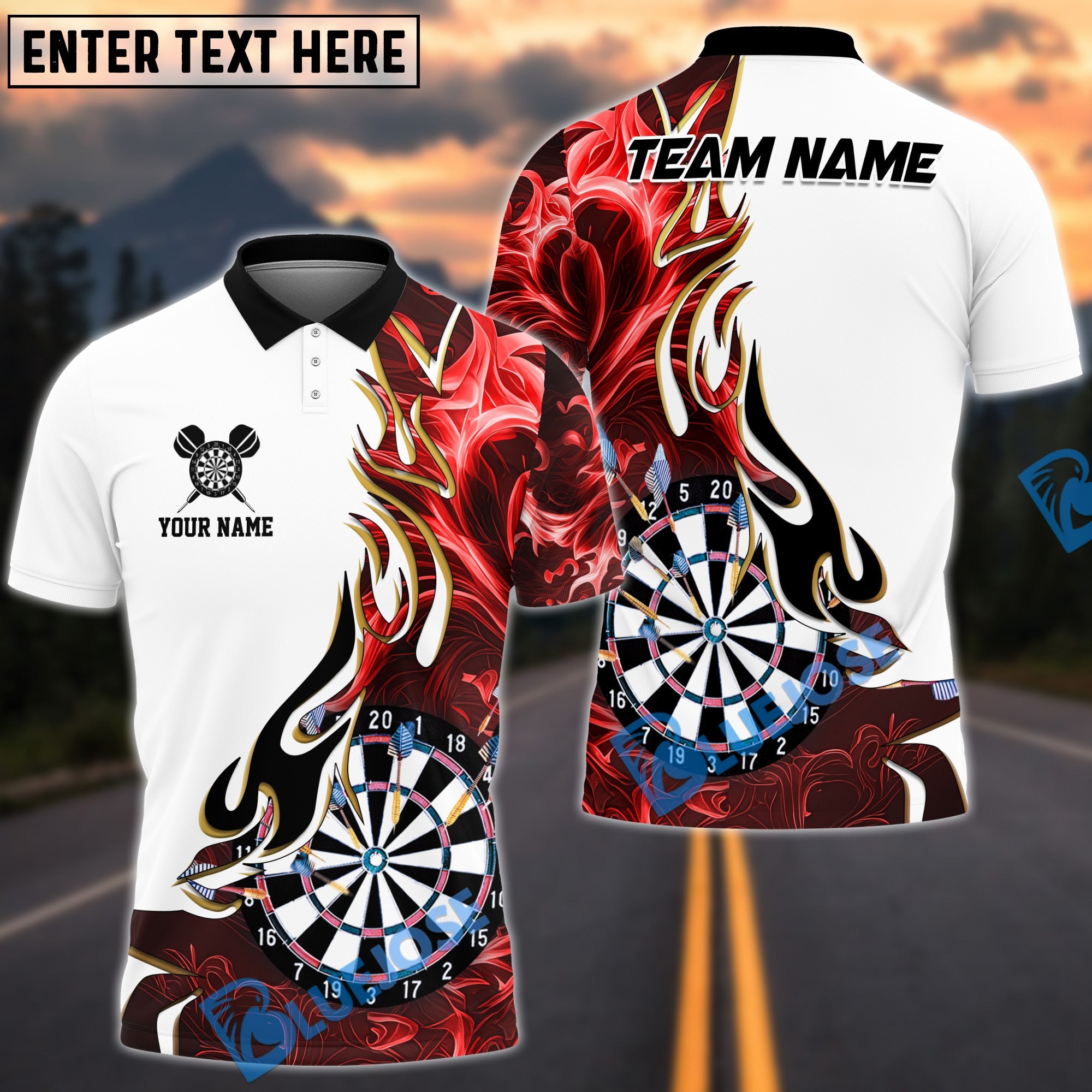 BlueJose Darts Golden Line Flame Dartboard Art Design Personalized Name, Team Name Shirt (6 Colors)