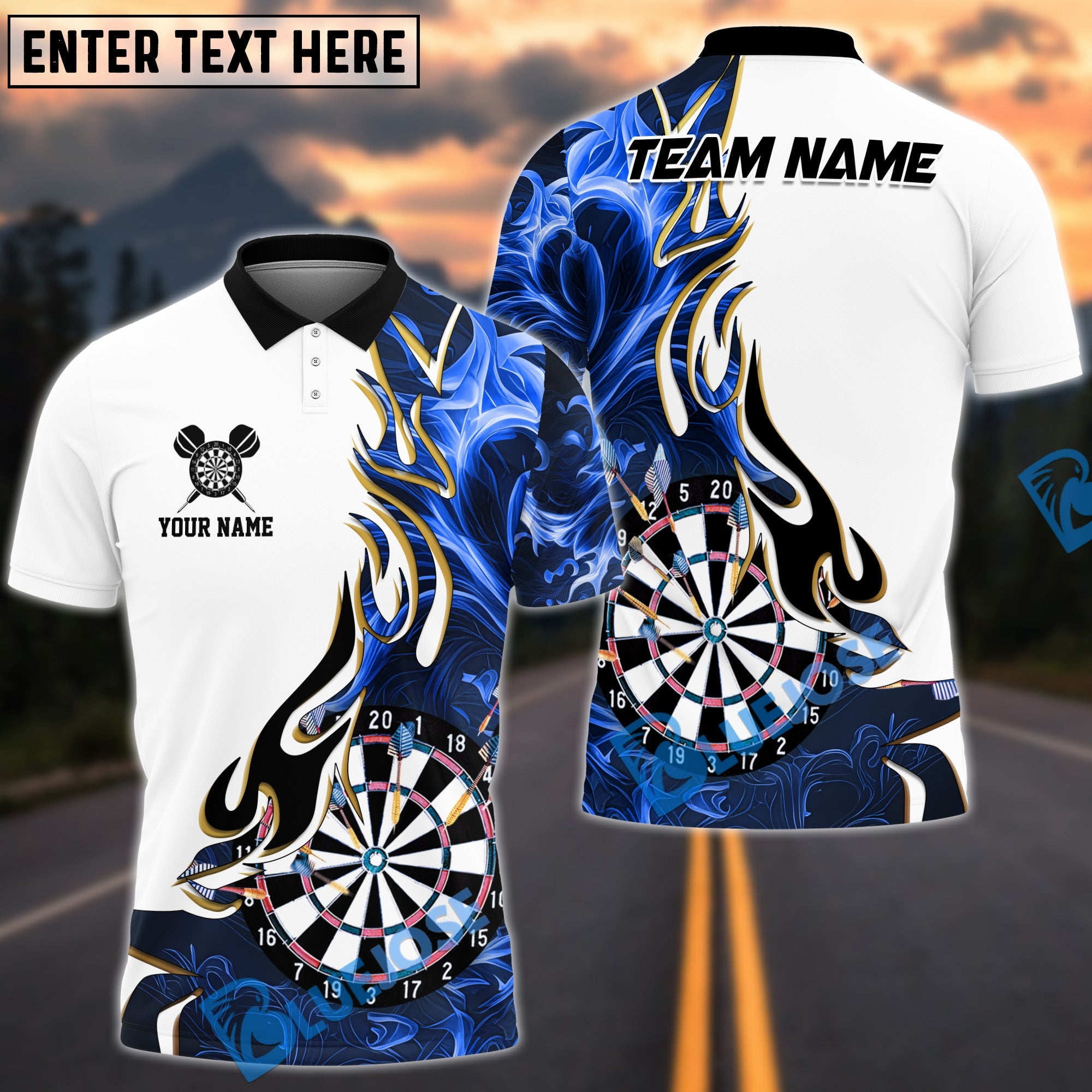 BlueJose Darts Golden Line Flame Dartboard Art Design Personalized Name, Team Name Shirt (6 Colors)