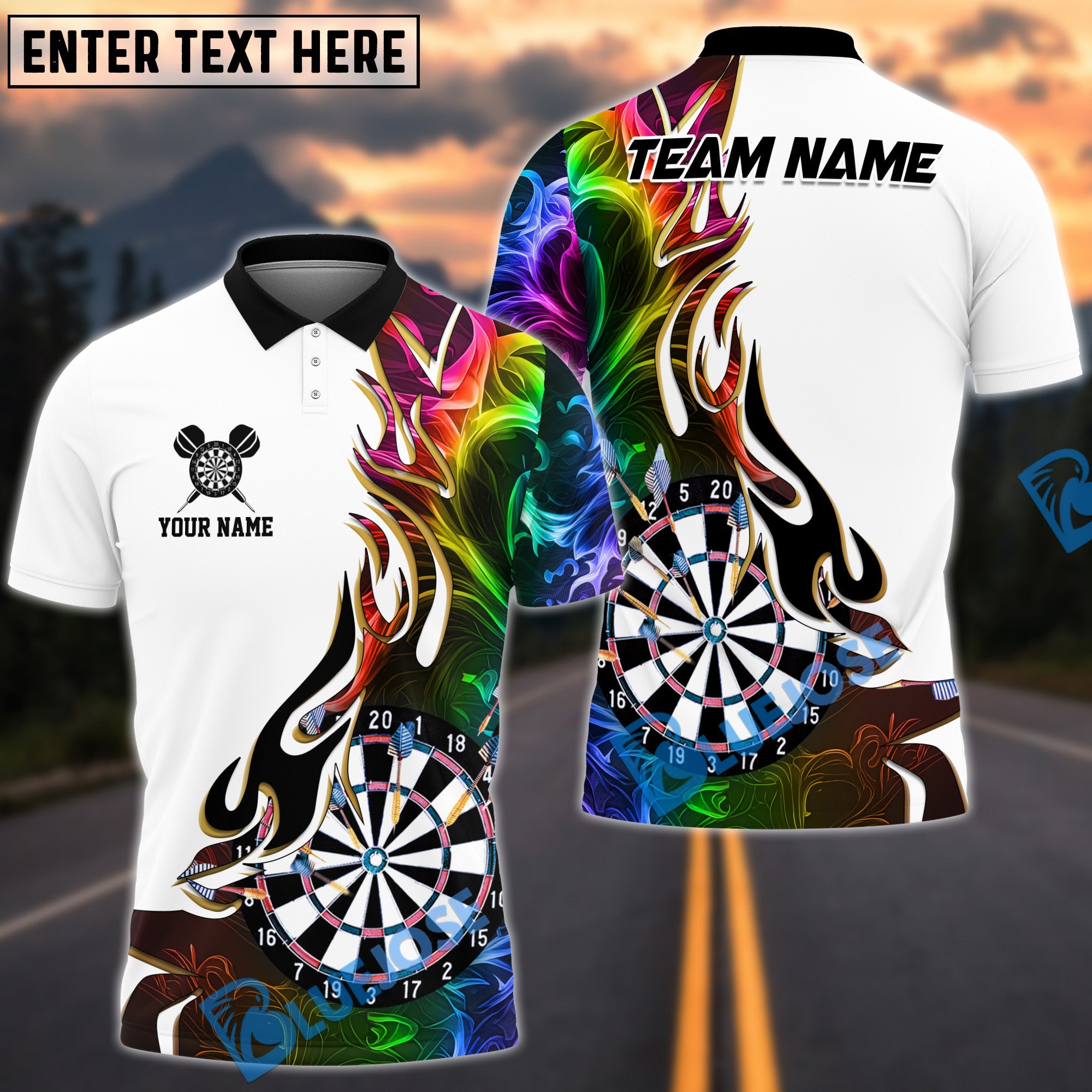 BlueJose Darts Golden Line Flame Dartboard Art Design Personalized Name, Team Name Shirt (6 Colors)