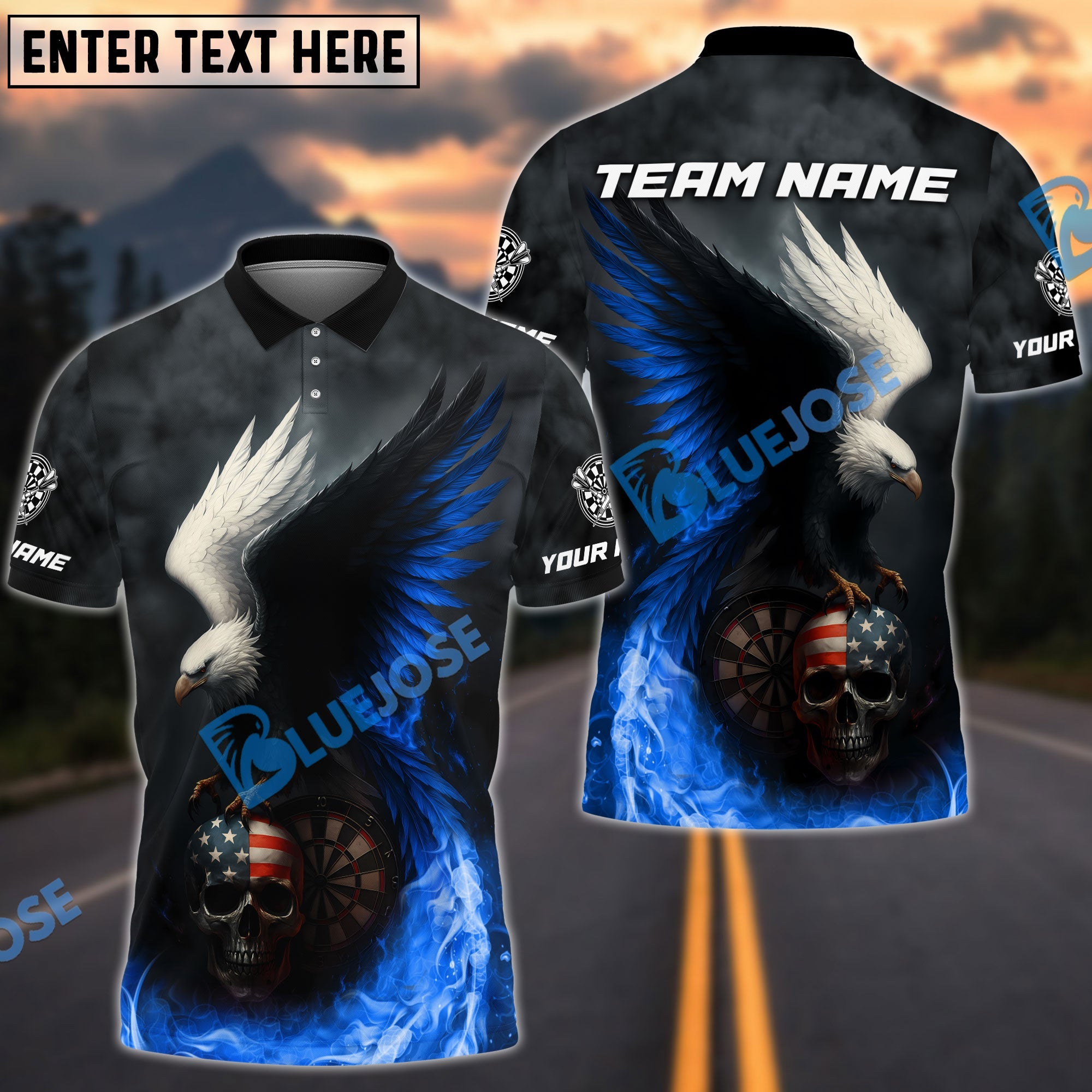 BlueJose Darts Fire Eagle American Flag Skull Customized Name, Team Name 3D Shirt (4 Colors)