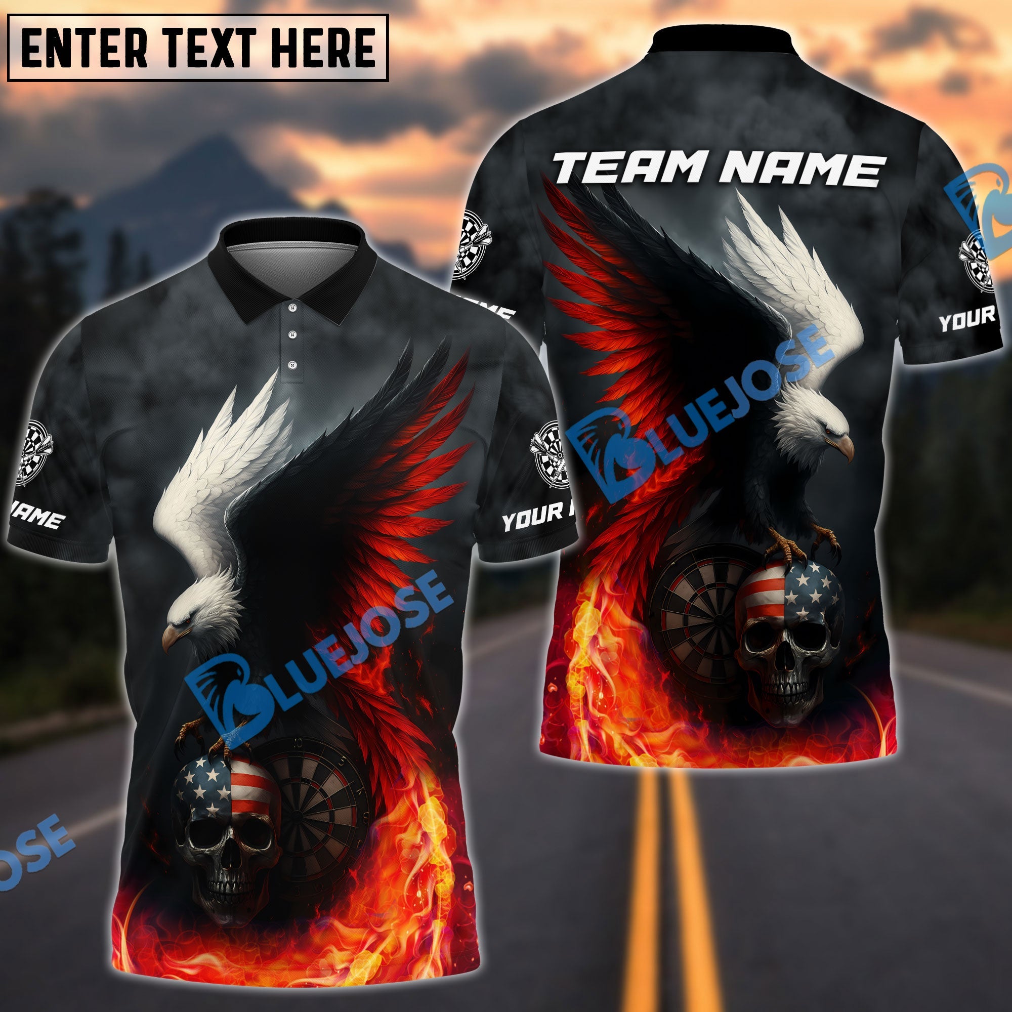 BlueJose Darts Fire Eagle American Flag Skull Customized Name, Team Name 3D Shirt (4 Colors)
