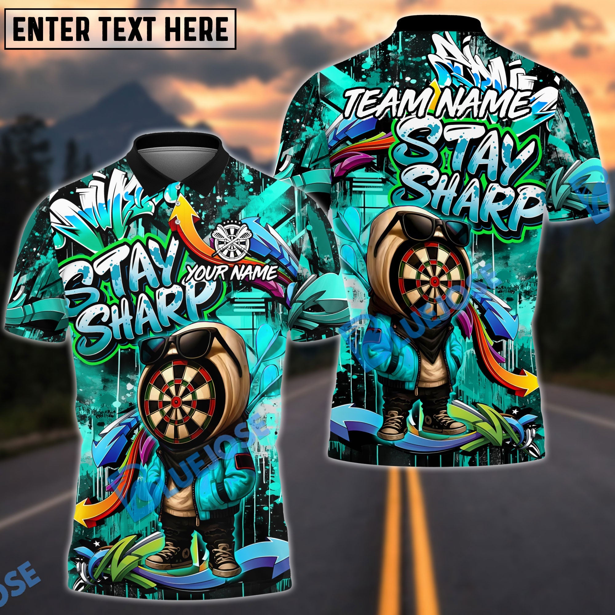 BlueJose Darts Graffiti Character Stay Sharp Personalized Name, Team Name Unisex Shirt (4 Colors)