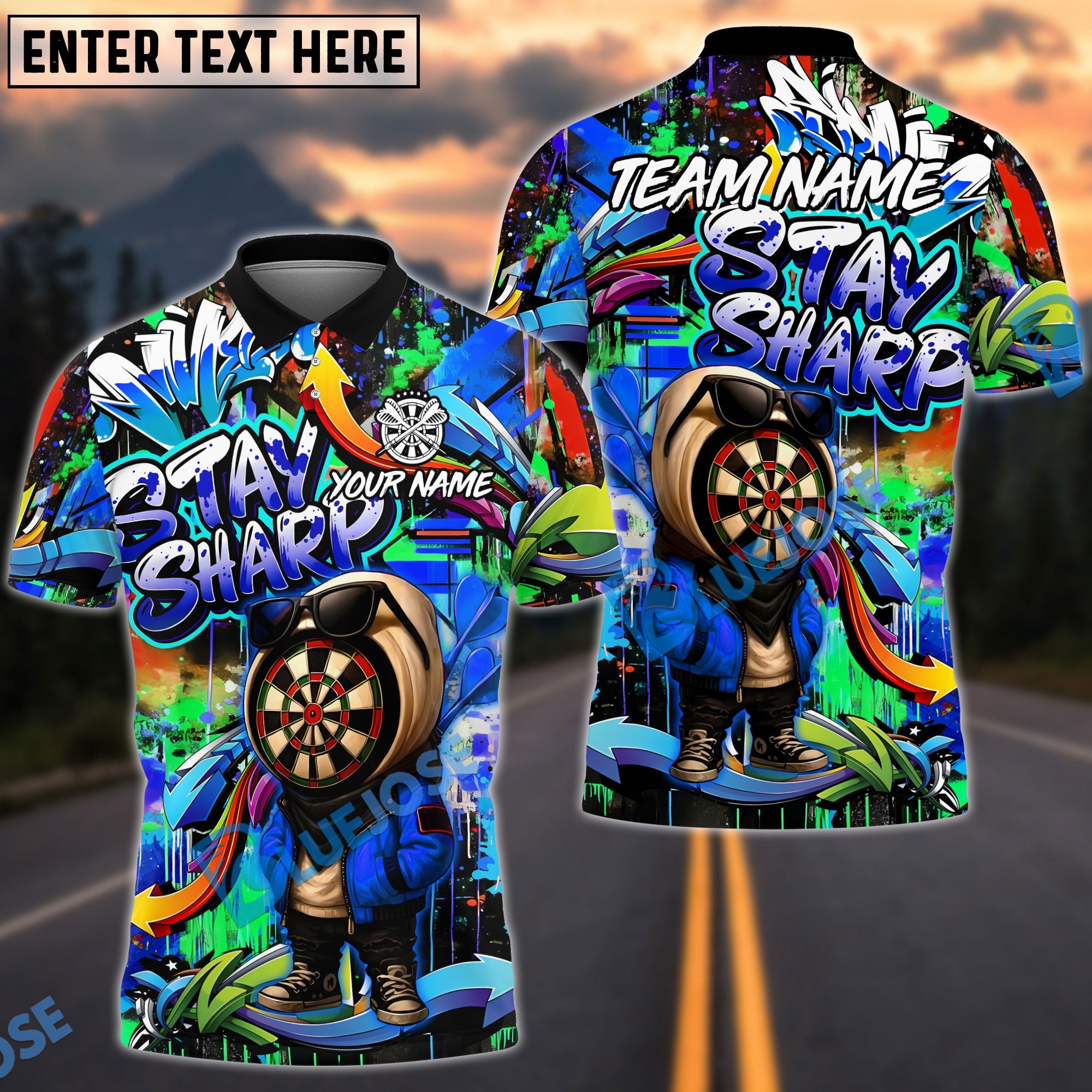 BlueJose Darts Graffiti Character Stay Sharp Personalized Name, Team Name Unisex Shirt (4 Colors)