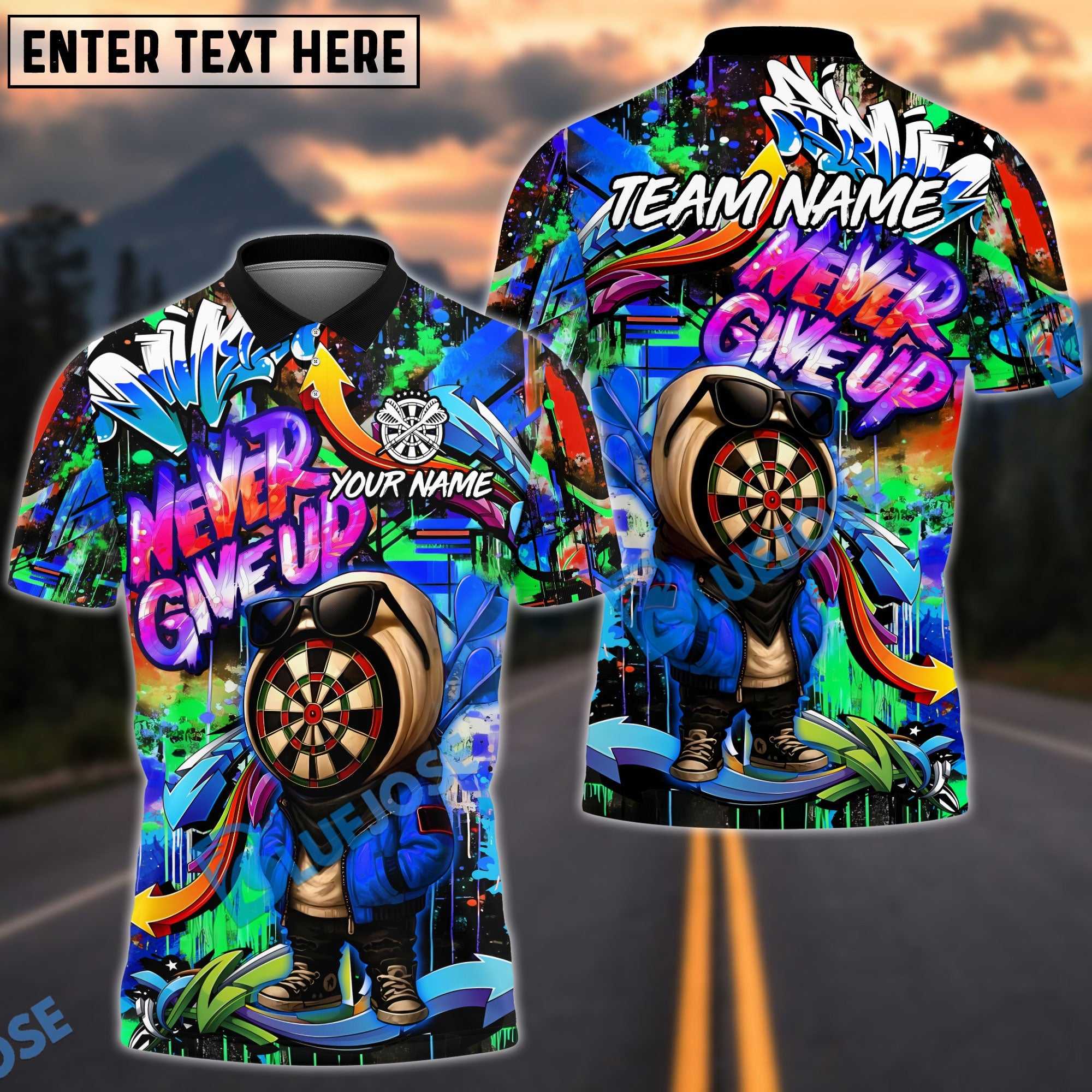 BlueJose Darts Graffiti Character Never Give Up Personalized Name, Team Name Unisex Shirt (4 Colors)