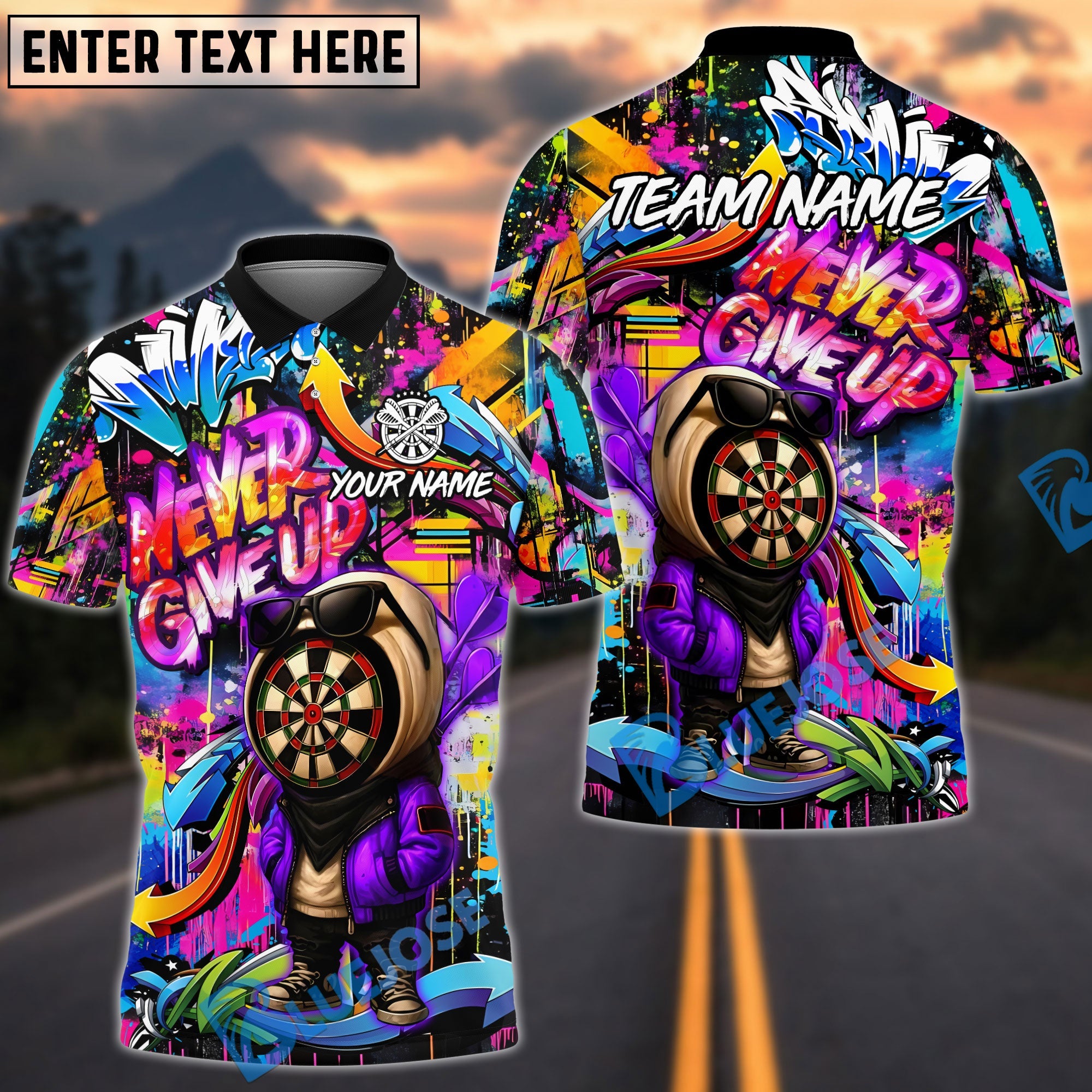 BlueJose Darts Graffiti Character Never Give Up Personalized Name, Team Name Unisex Shirt (4 Colors)