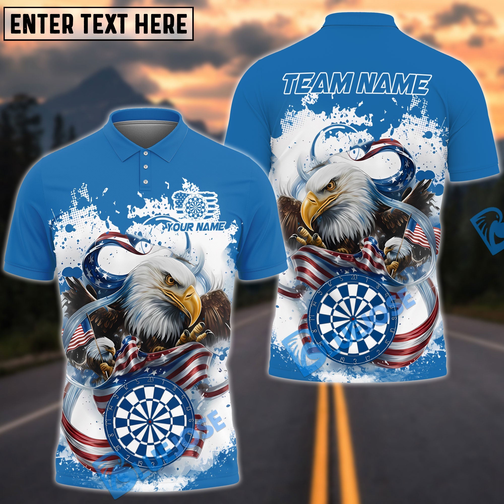 BlueJose Darts Eagle Flag Patriot Blue Personalized Name Shirt