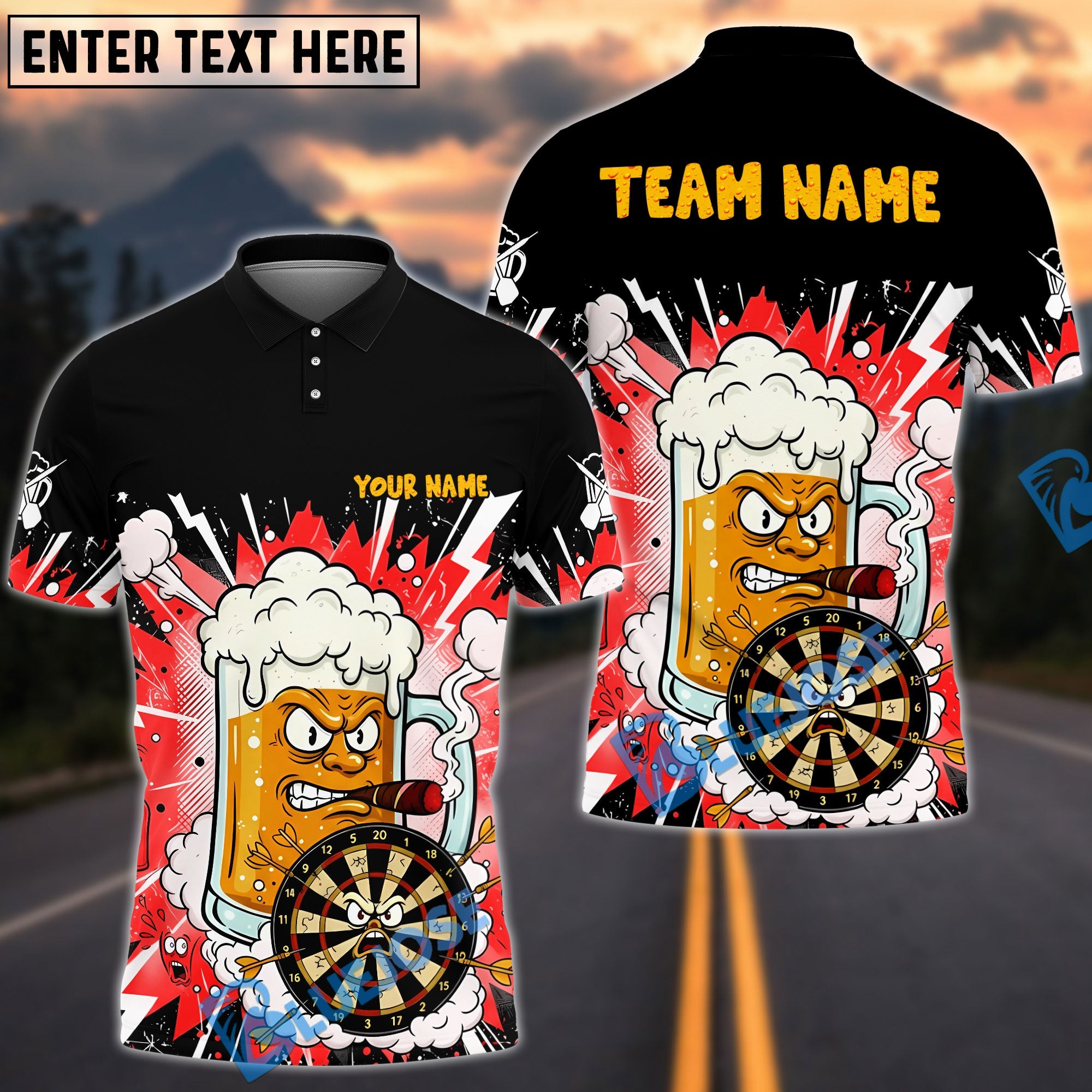 BlueJose Darts Smoking Beer Mug Character Multicolor Options Personalized Name Shirt (6 Colors)