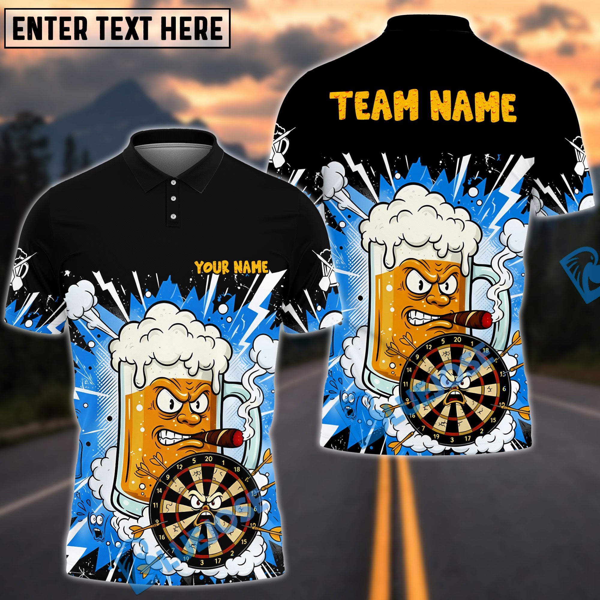 BlueJose Darts Smoking Beer Mug Character Multicolor Options Personalized Name Shirt (6 Colors)