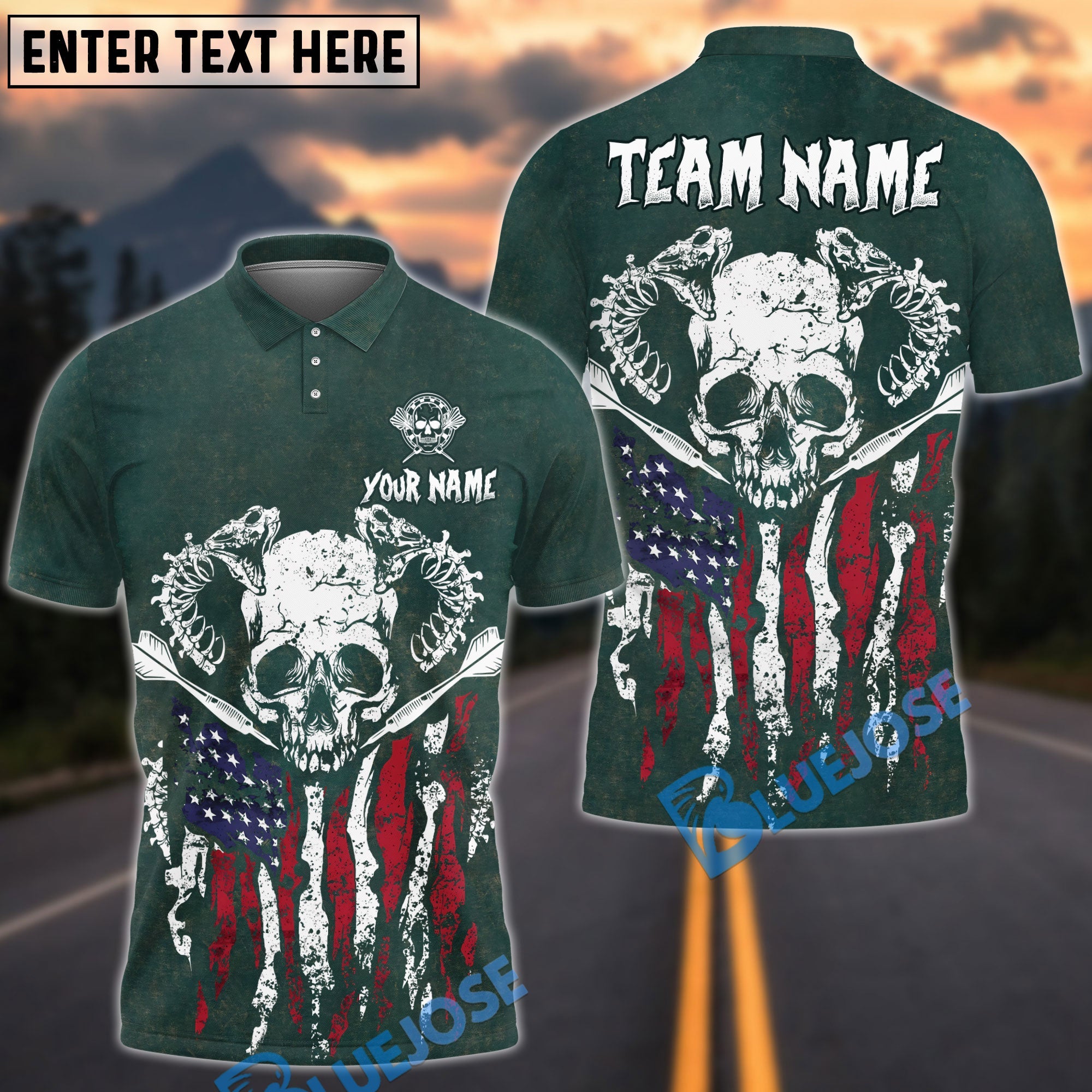 BlueJose Darts Snake Skull American Flag Washed Pattern Multicolor Options Personalized Name Shirt (4 Colors)