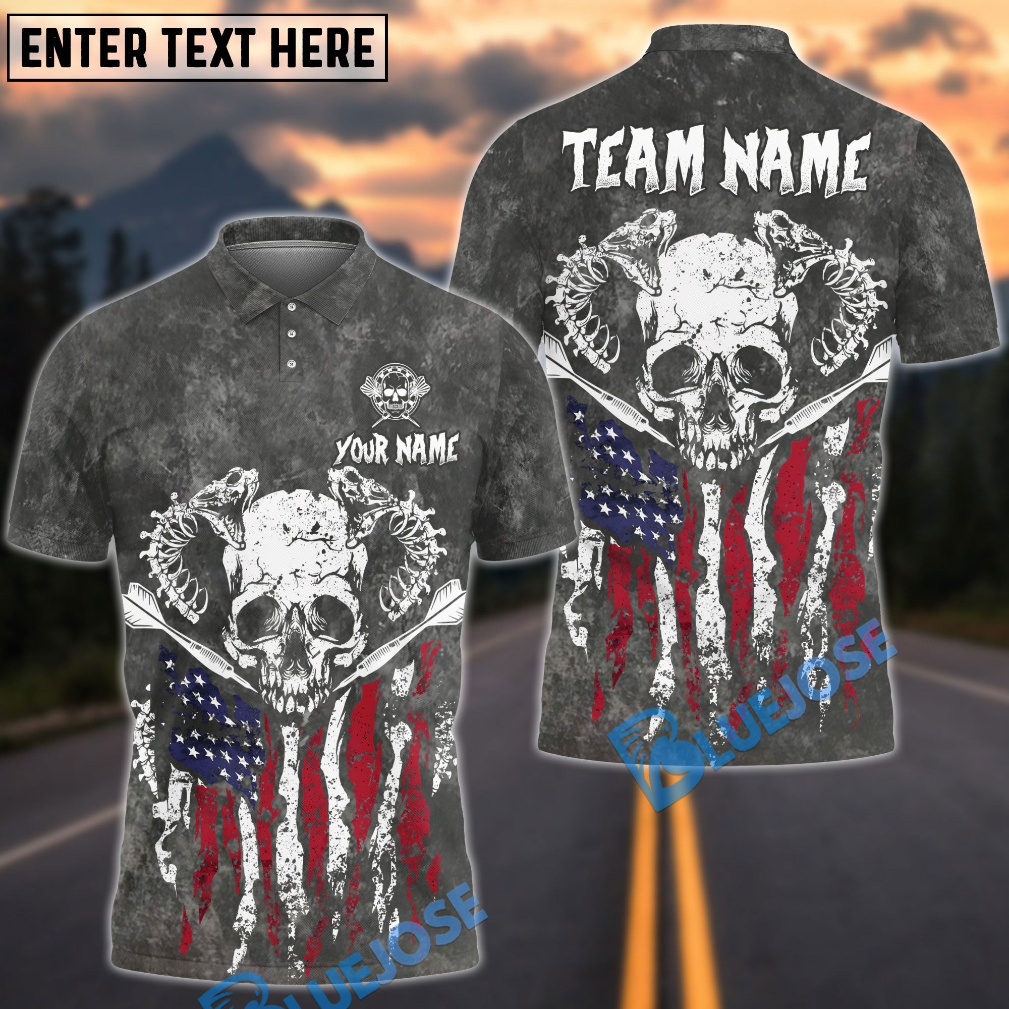 BlueJose Darts Snake Skull American Flag Washed Pattern Multicolor Options Personalized Name Shirt (4 Colors)