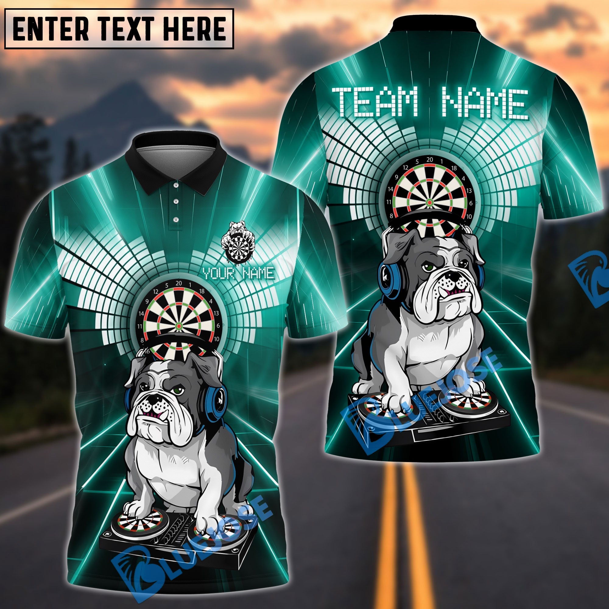 BlueJose Darts DJ Bulldog Multicolor Options Personalized Name Shirt (4 Colors)