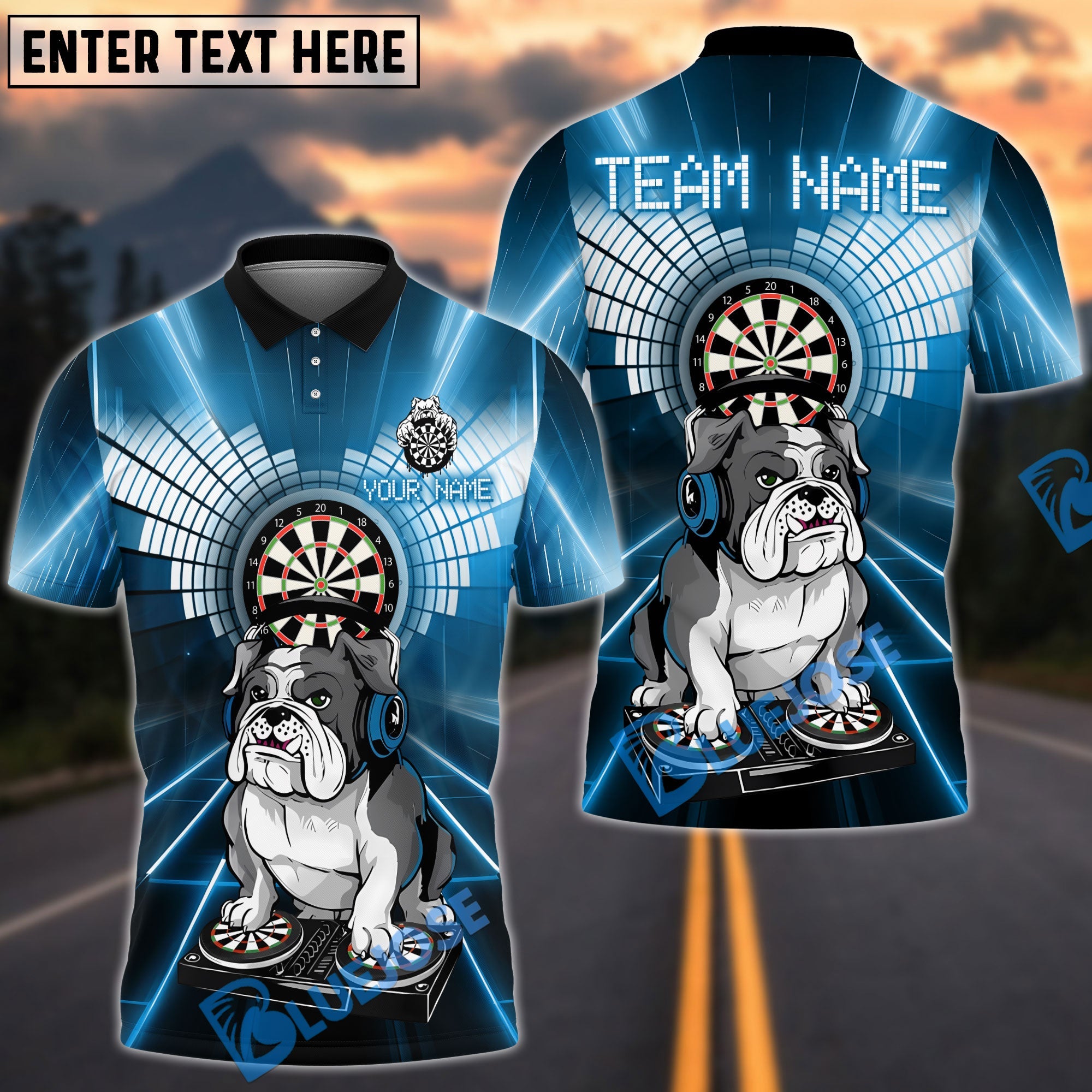 BlueJose Darts DJ Bulldog Multicolor Options Personalized Name Shirt (4 Colors)