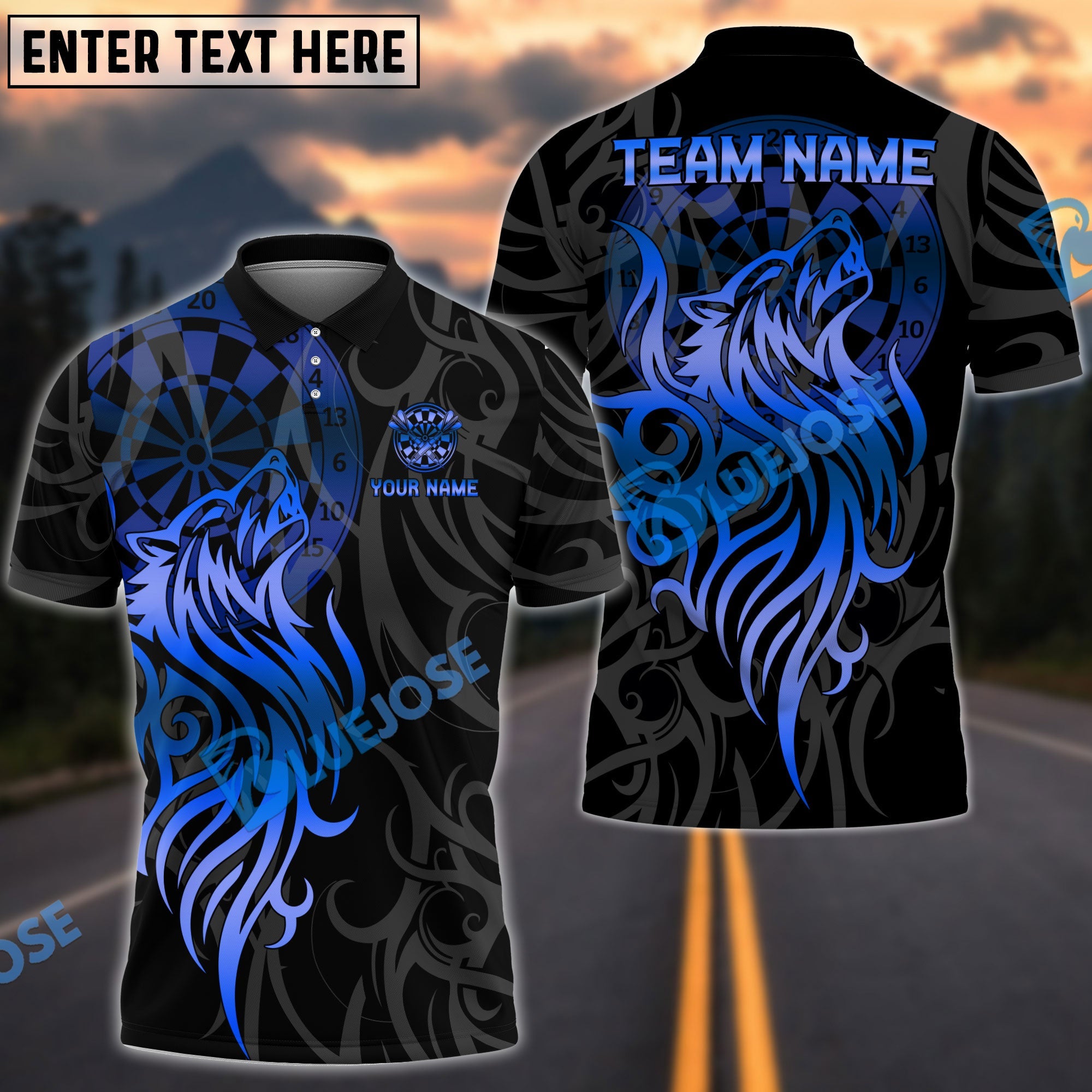 BlueJose Darts Golden Tribal Wolf Design Multicolor Options Personalized Name Shirt (6 Colors)