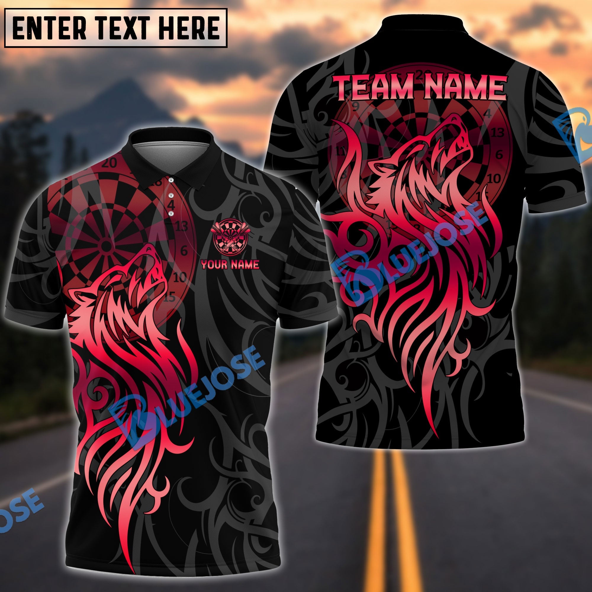 BlueJose Darts Golden Tribal Wolf Design Multicolor Options Personalized Name Shirt (6 Colors)