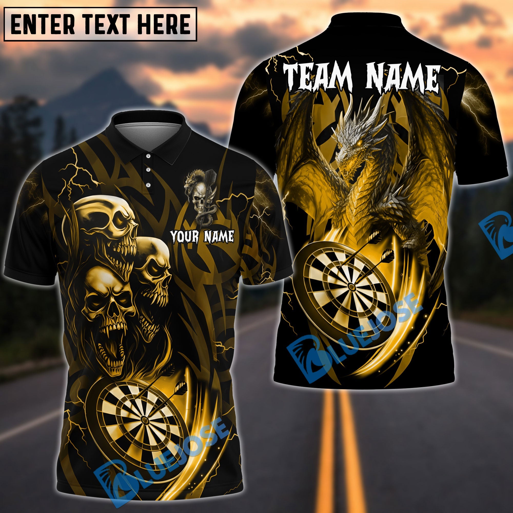 BlueJose Darts Dragon And Skull Multicolor Options Personalized Name Shirt (6 Colors)