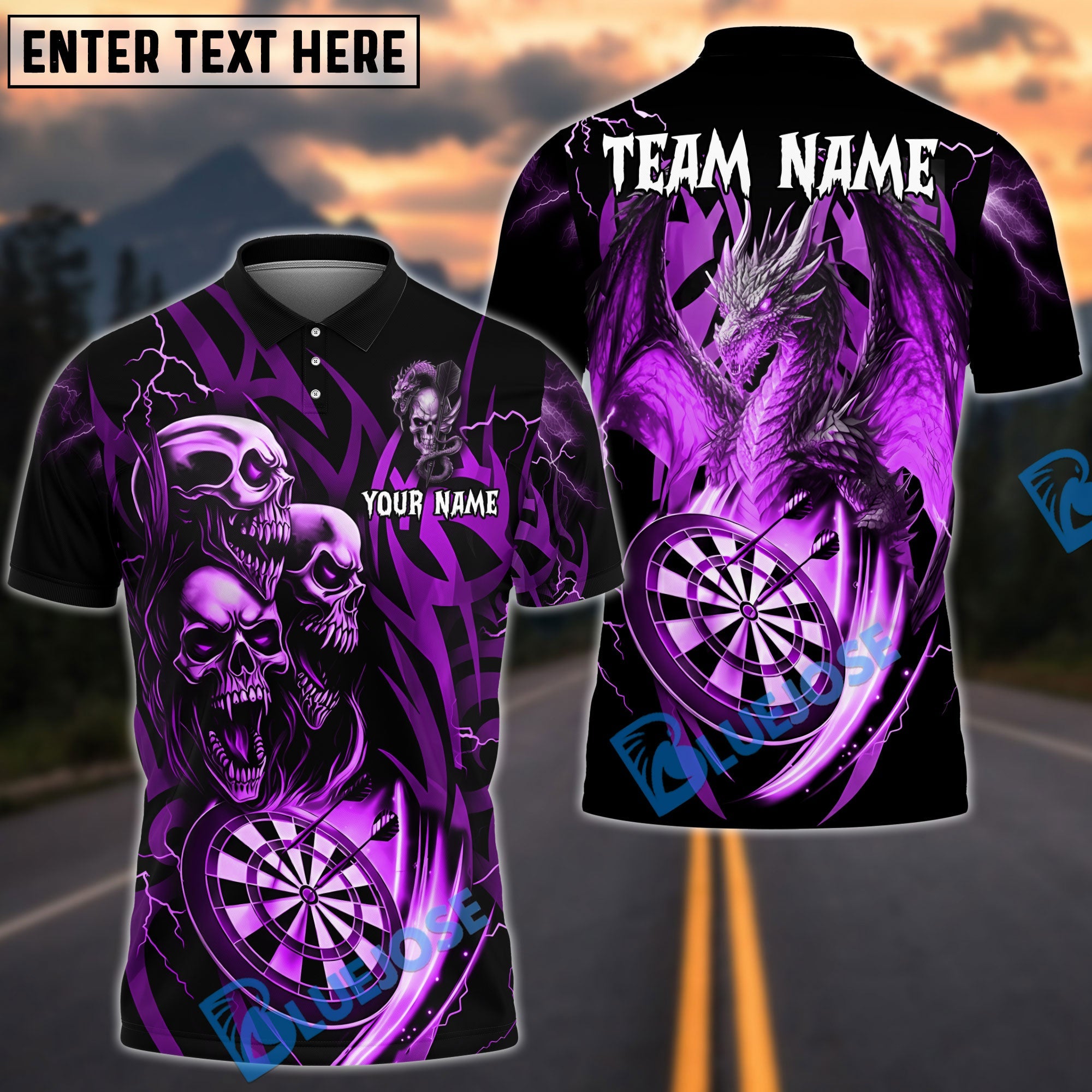 BlueJose Darts Dragon And Skull Multicolor Options Personalized Name Shirt (6 Colors)