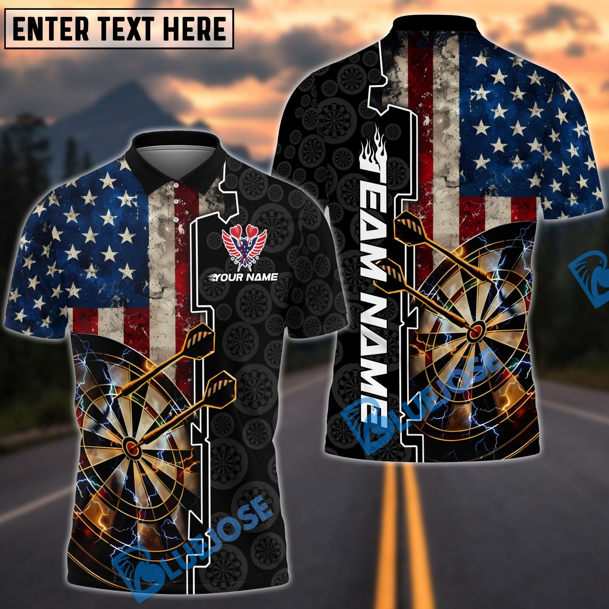 BlueJose Darts USA Retro Flag Dartboard Personalized Name Shirt