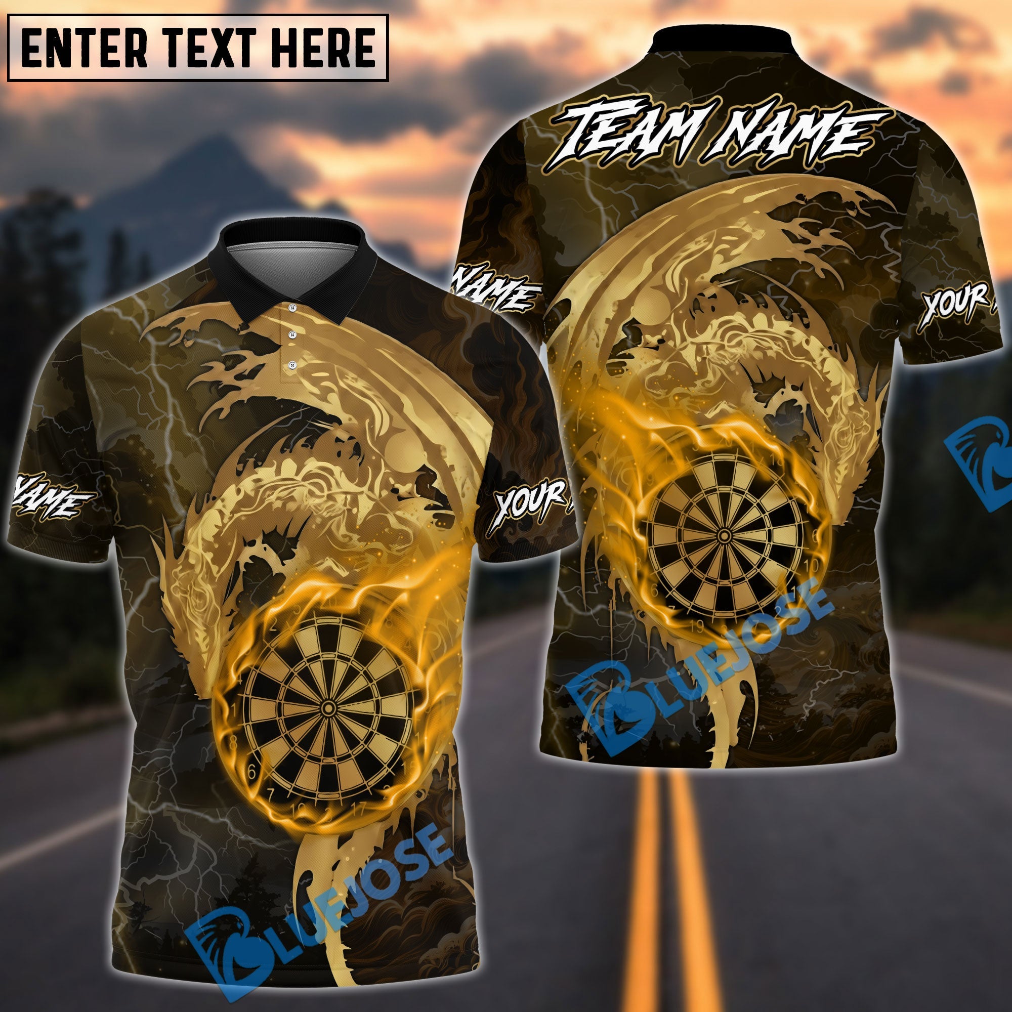 BlueJose Darts Golden Dragon Flowing Ornamental Art Multicolor Options Personalized Name Shirt (6 Colors)