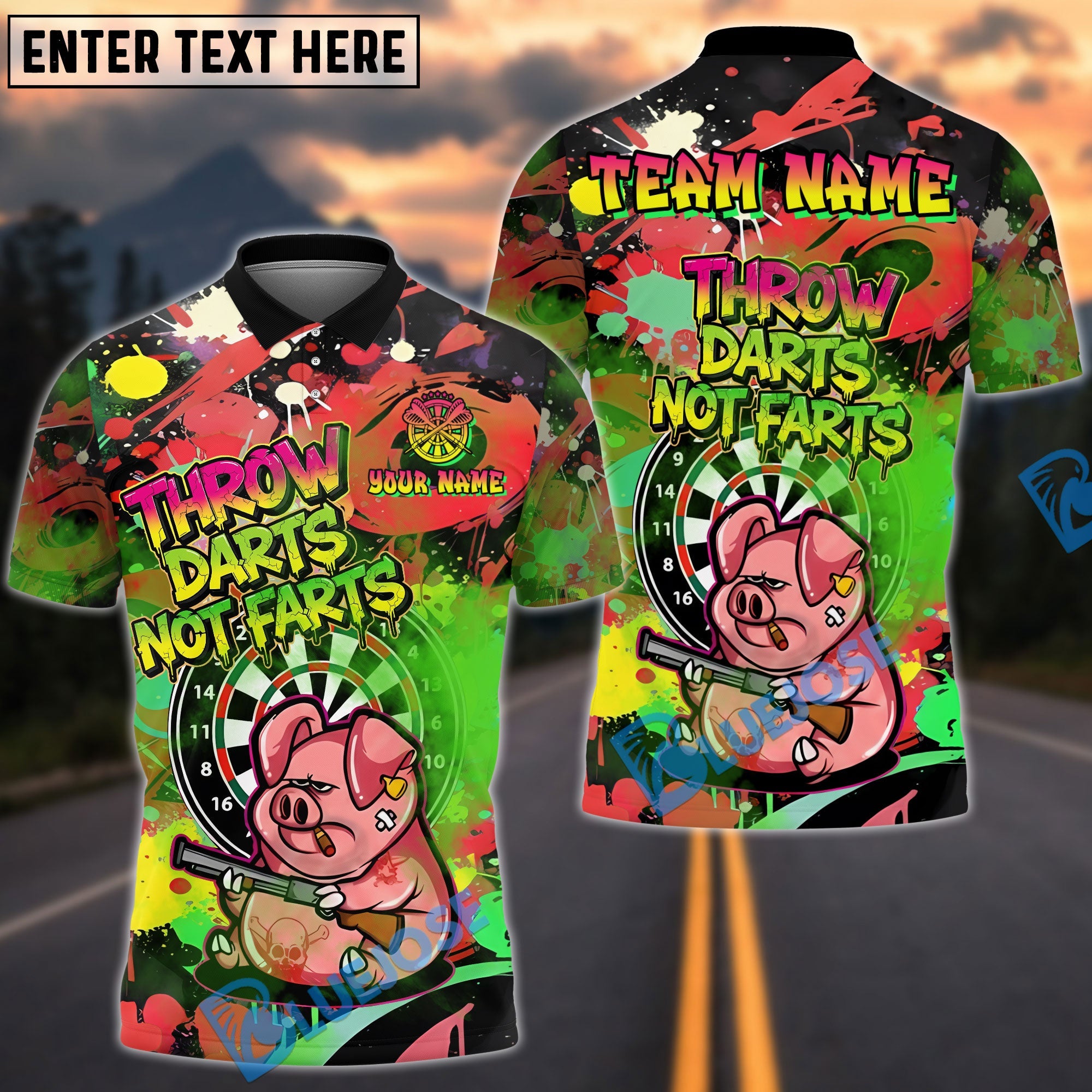 BlueJose Darts Grumpy Pig Throw Darts Not Farts Multicolor Options Personalized Name Shirt (6 Colors)