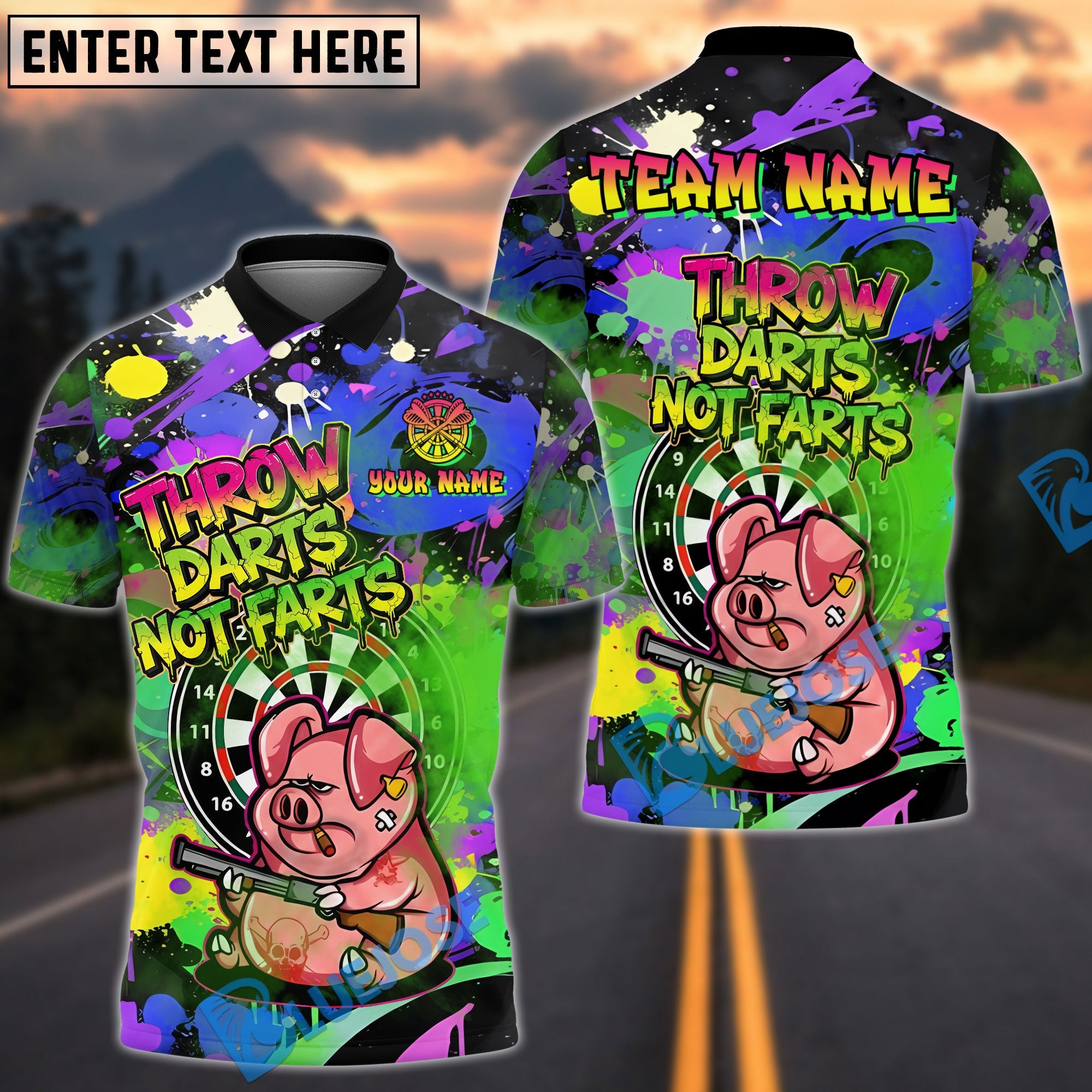 BlueJose Darts Grumpy Pig Throw Darts Not Farts Multicolor Options Personalized Name Shirt (6 Colors)