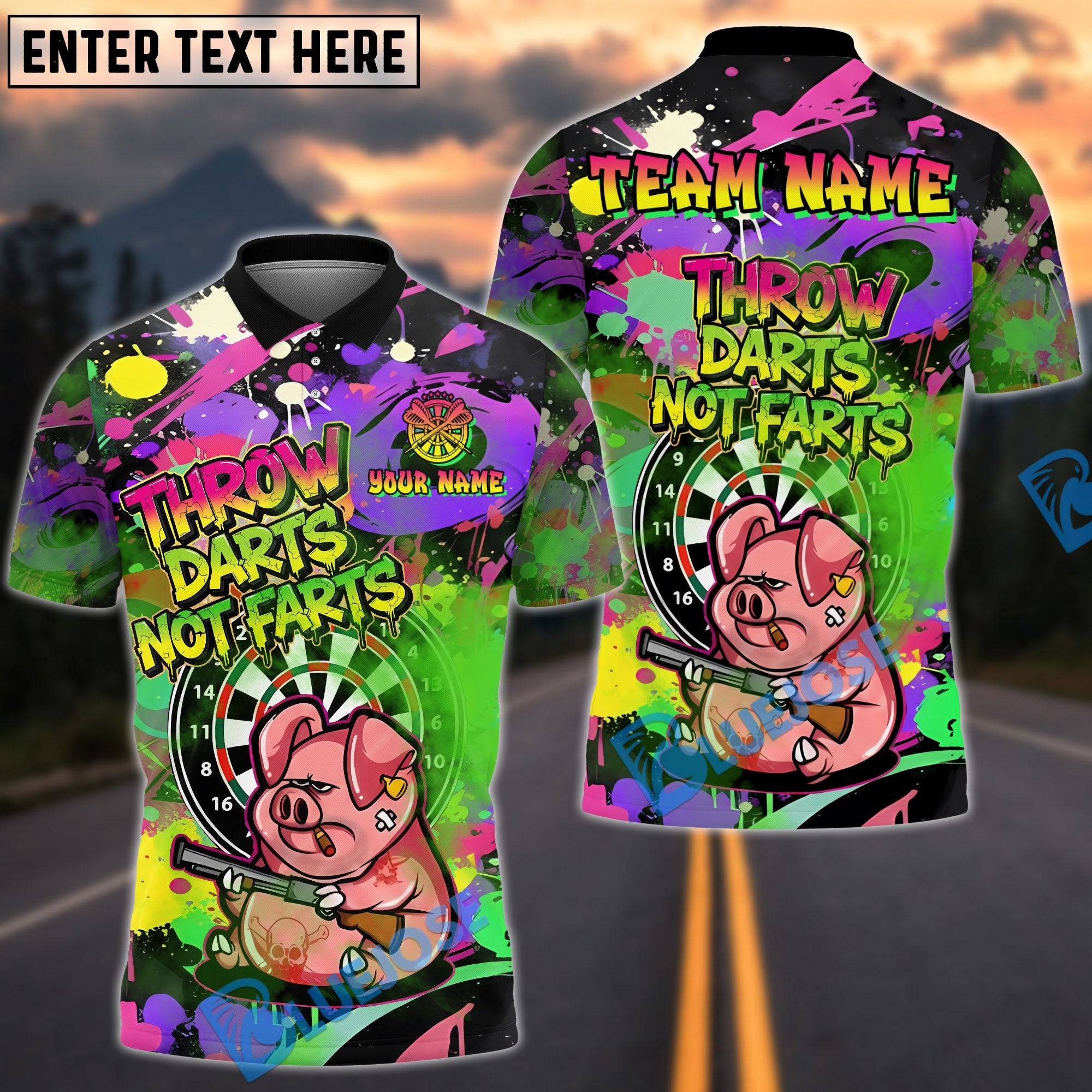 BlueJose Darts Grumpy Pig Throw Darts Not Farts Multicolor Options Personalized Name Shirt (6 Colors)