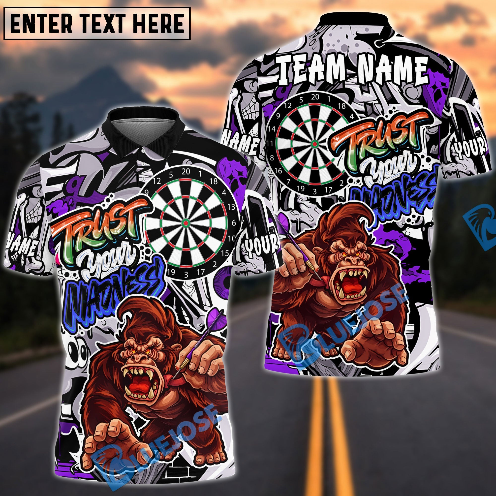 BlueJose Darts Gorilla Power Action Art Trust Your Madness Multicolor Options Personalized Name Shirt (4 Colors)